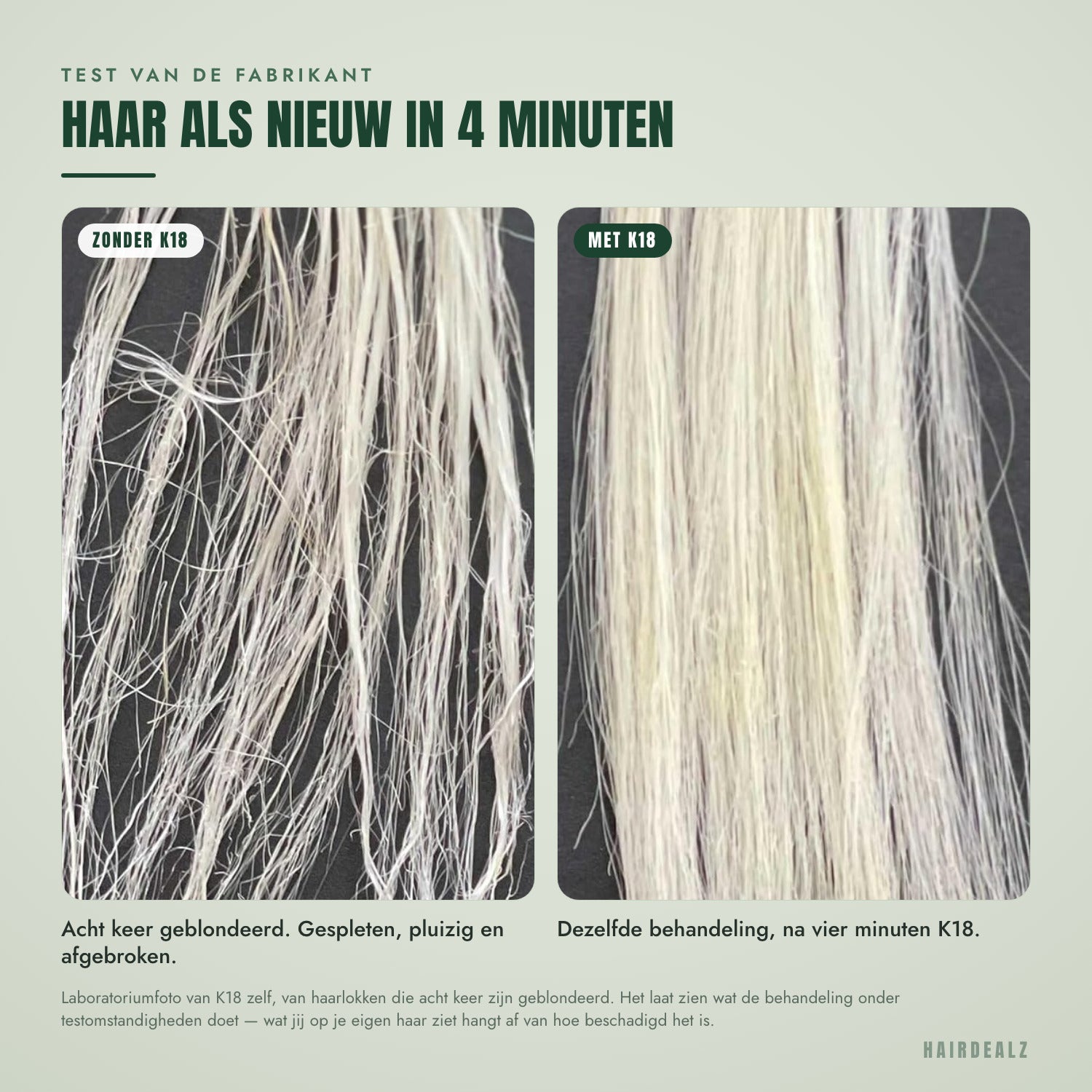 Geblondeerde haarlokken voor en na het K18 leave-in masker