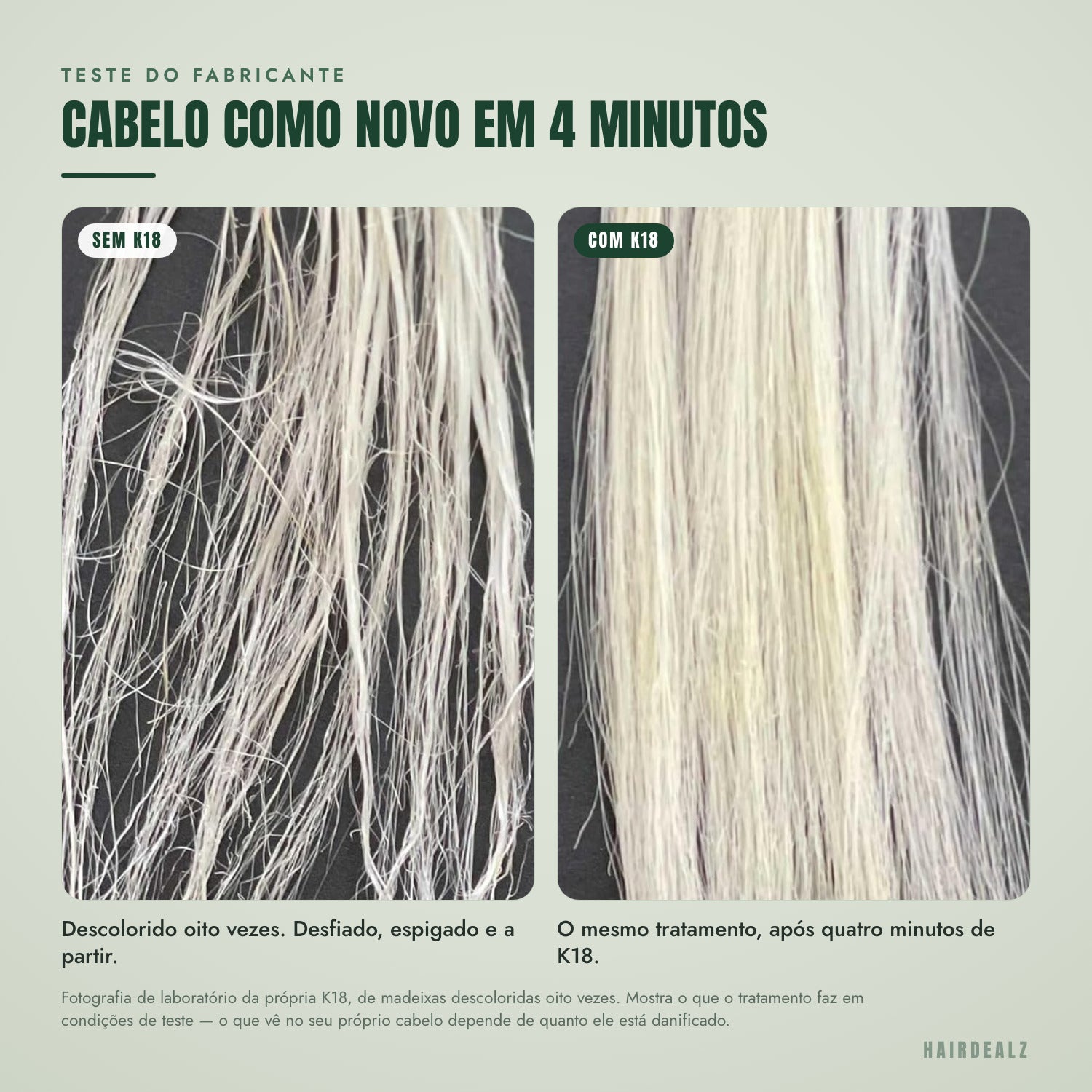 Fios de cabelo descolorido antes e depois da máscara leave-in K18