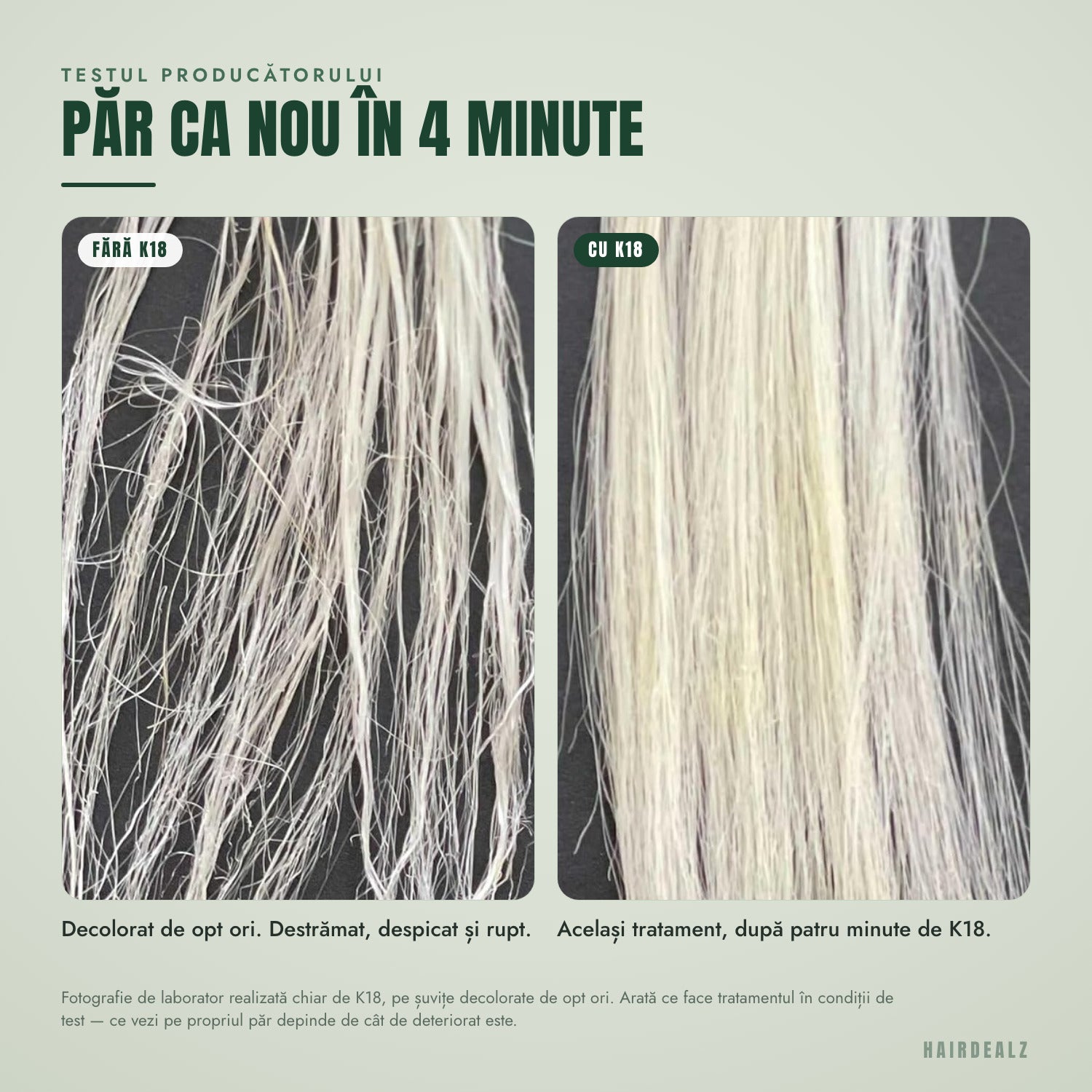 Șuvițe decolorate înainte și după masca K18 leave-in