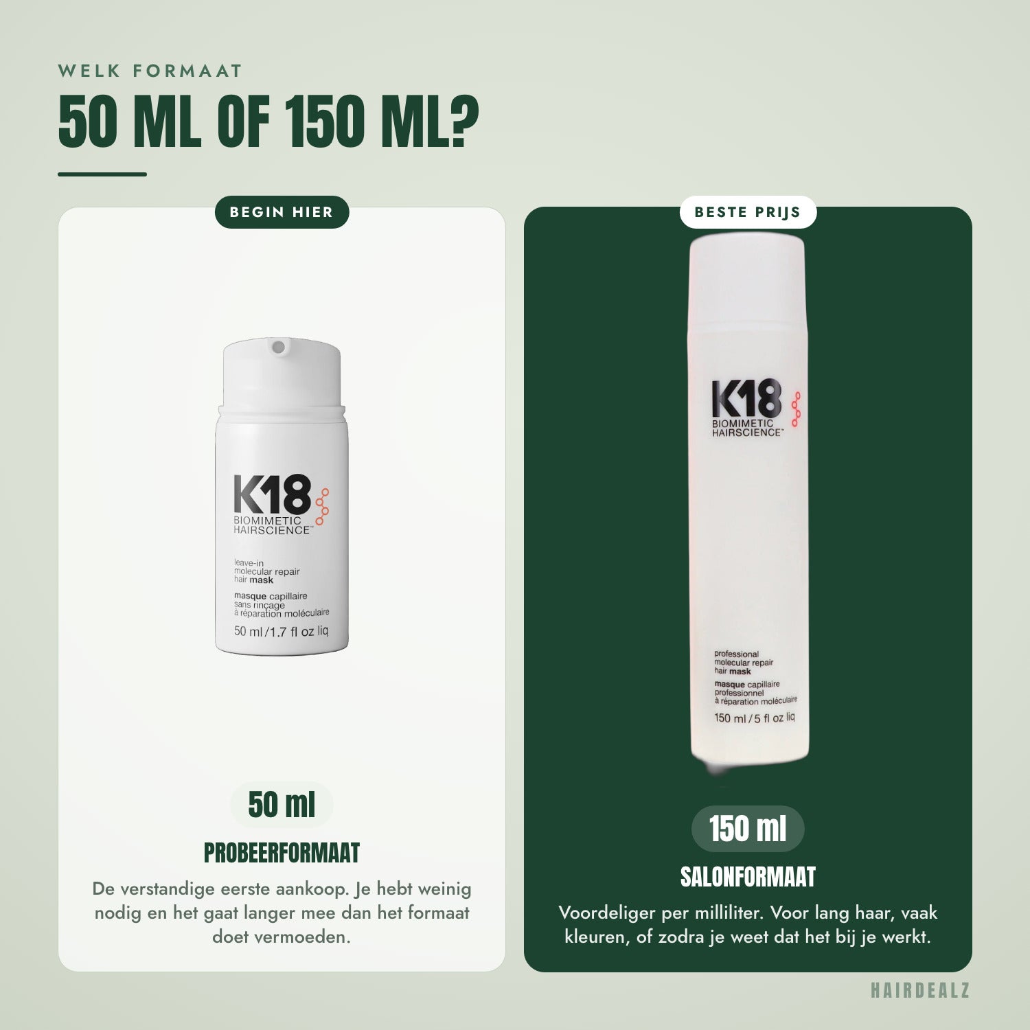 K18 leave-in masker 50 ml en 150 ml vergeleken