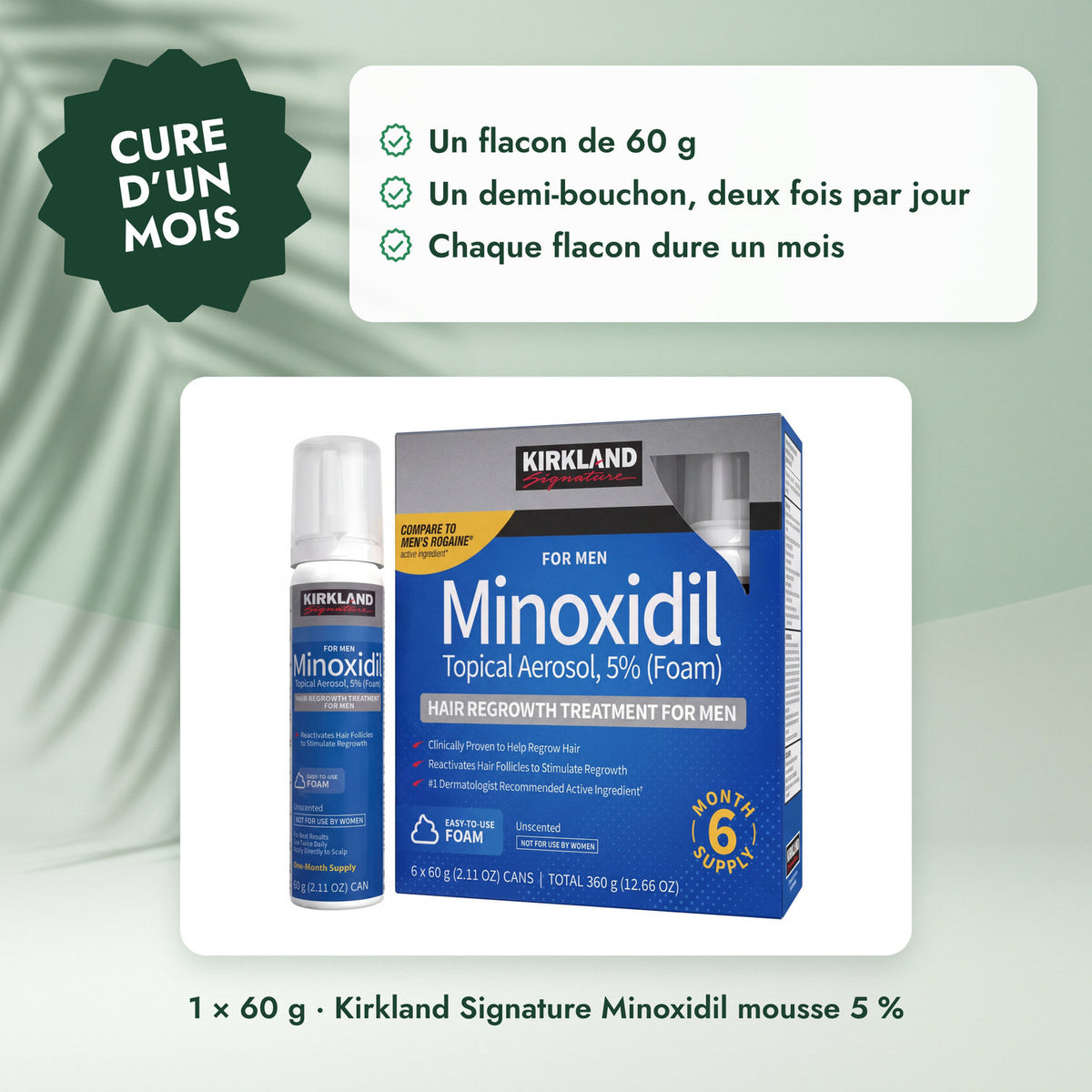 1 × 60 g · Kirkland Signature Minoxidil mousse 5 %: Cure d’un mois