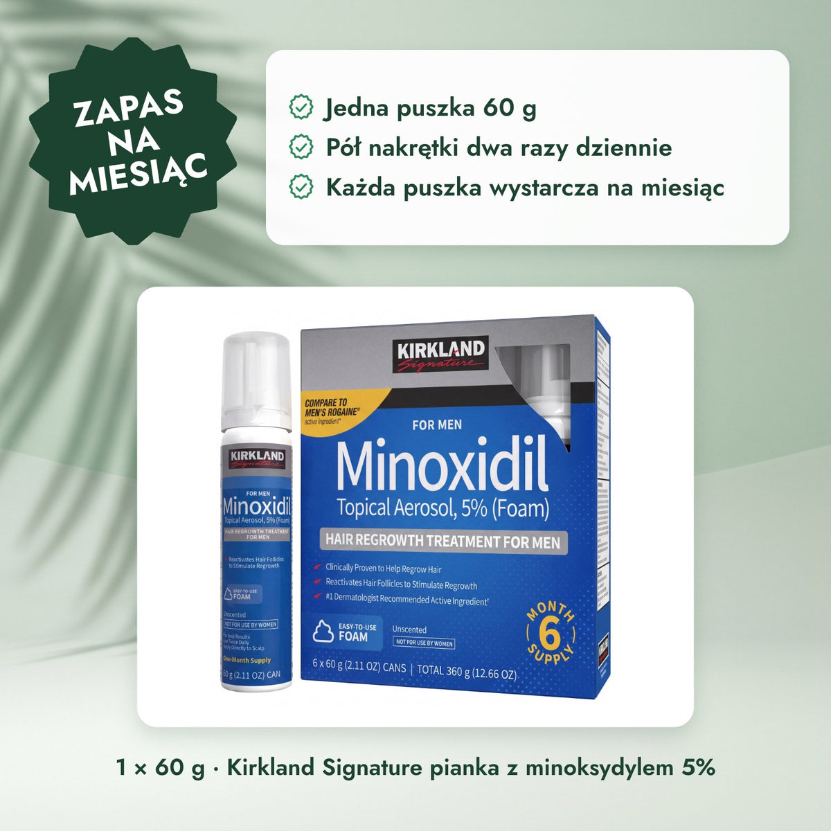 1 × 60 g · Kirkland Signature pianka z minoksydylem 5%: Zapas na miesiąc