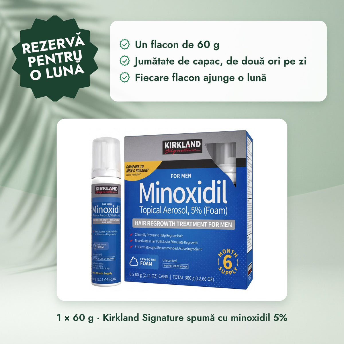 1 × 60 g · Kirkland Signature spumă cu minoxidil 5%: Rezervă pentru o lună