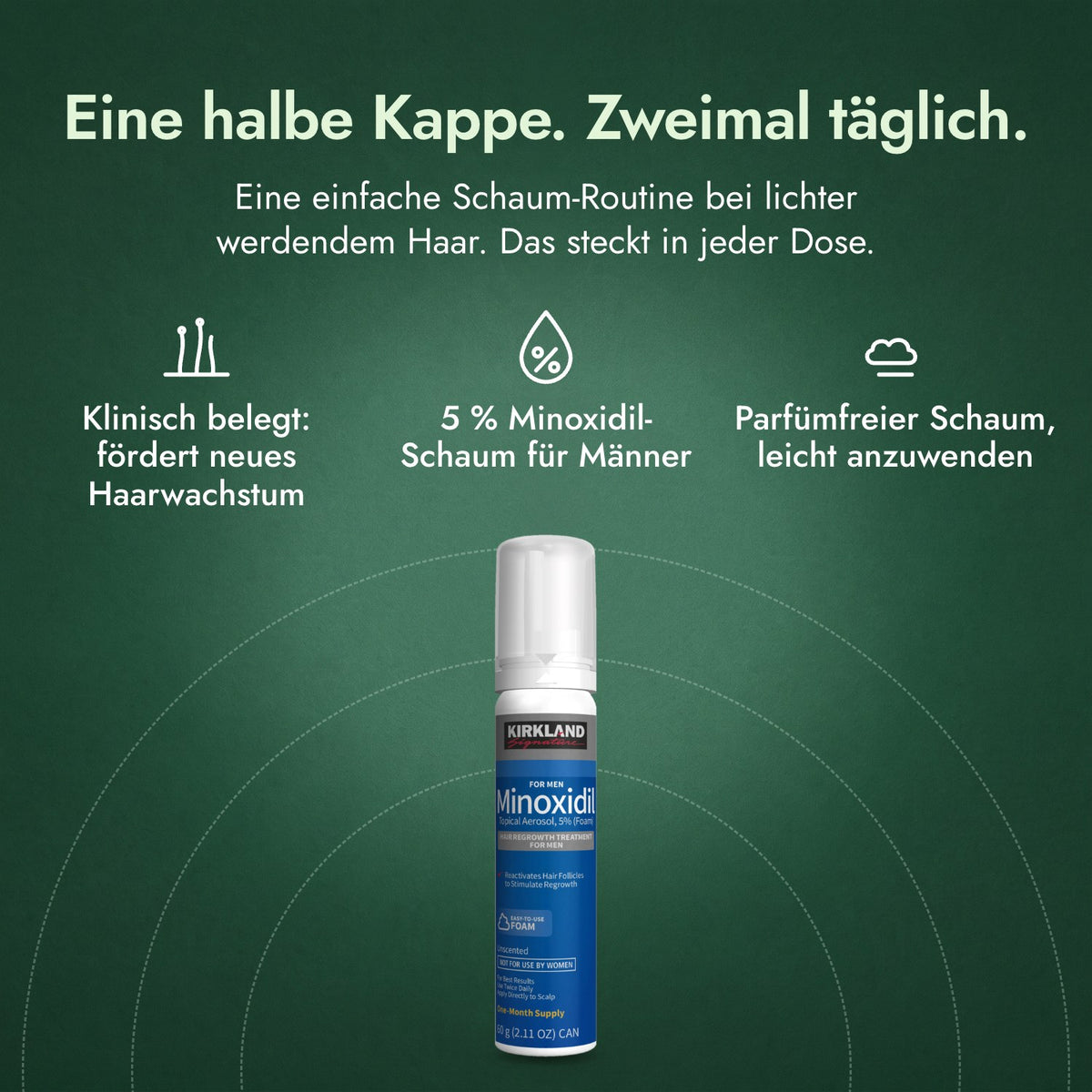 Kirkland Signature Minoxidil Schaum 5 %: Eine halbe Kappe. Zweimal täglich. Klinisch belegt: fördert neues Haarwachstum, 5 % Minoxidil-Schaum für Männer, Parfümfreier Schaum, leicht anzuwenden