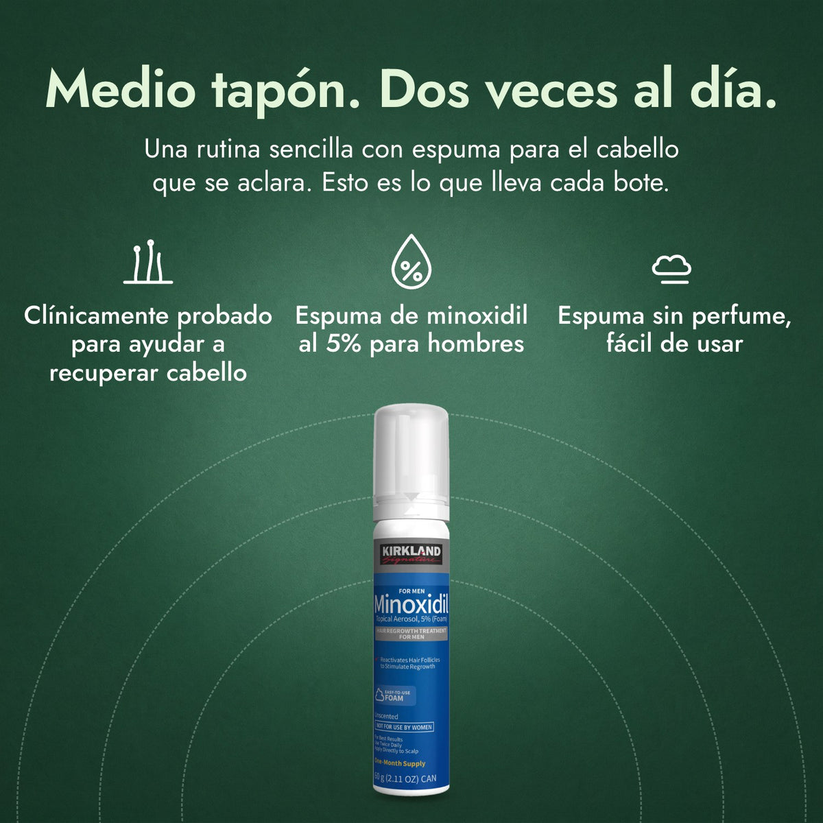 Kirkland Signature Minoxidil Espuma 5%: Medio tapón. Dos veces al día. Clínicamente probado para ayudar a recuperar cabello, Espuma de minoxidil al 5% para hombres, Espuma sin perfume, fácil de usar