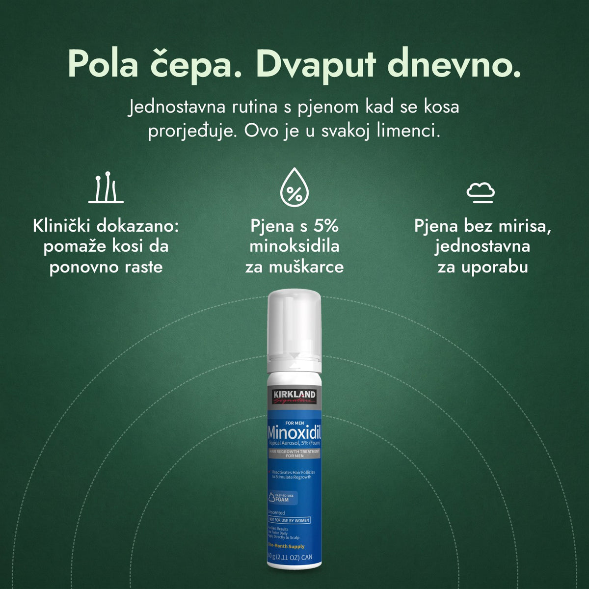 Kirkland Signature Minoxidil pjena 5%: Pola čepa. Dvaput dnevno. Klinički dokazano: pomaže kosi da ponovno raste, Pjena s 5% minoksidila za muškarce, Pjena bez mirisa, jednostavna za uporabu