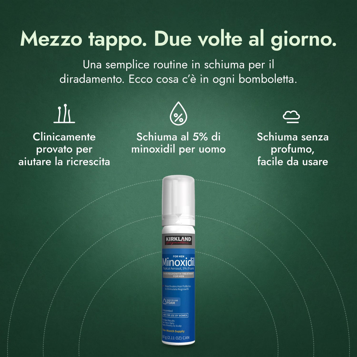 Kirkland Signature Minoxidil Schiuma 5%: Mezzo tappo. Due volte al giorno. Clinicamente provato per aiutare la ricrescita, Schiuma al 5% di minoxidil per uomo, Schiuma senza profumo, facile da usare