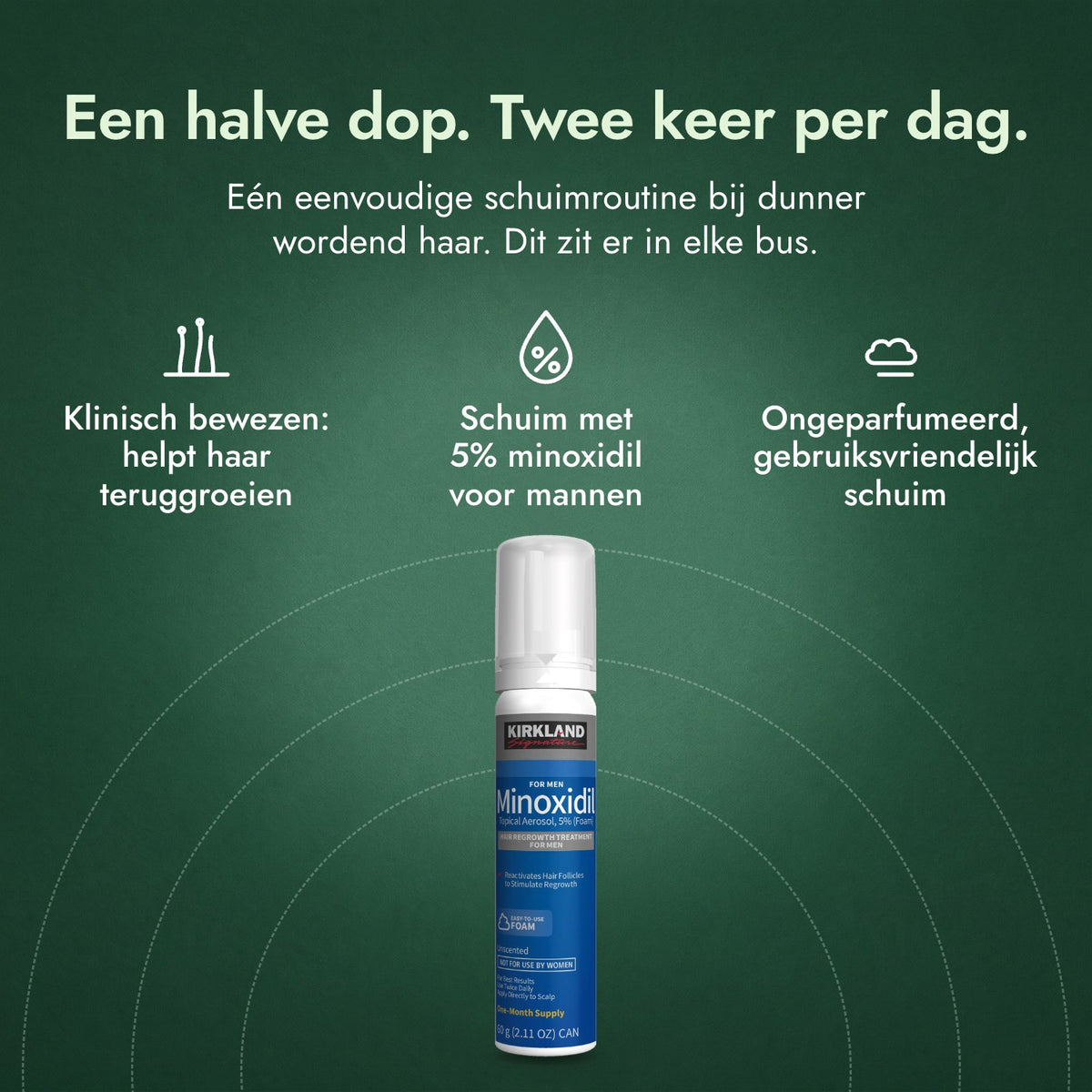 Kirkland Signature Minoxidil schuim 5%: Een halve dop. Twee keer per dag. Klinisch bewezen: helpt haar teruggroeien, Schuim met 5% minoxidil voor mannen, Ongeparfumeerd, gebruiksvriendelijk schuim