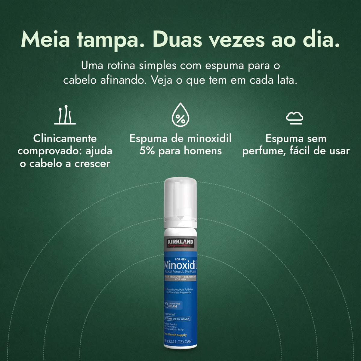 Kirkland Signature Minoxidil Espuma 5%: Meia tampa. Duas vezes ao dia. Clinicamente comprovado: ajuda o cabelo a crescer, Espuma de minoxidil 5% para homens, Espuma sem perfume, fácil de usar