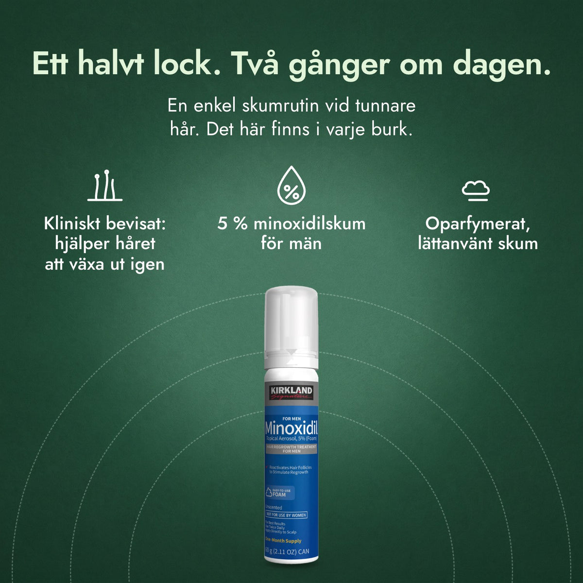 Kirkland Signature Minoxidil skum 5 %: Ett halvt lock. Två gånger om dagen. Kliniskt bevisat: hjälper håret att växa ut igen, 5 % minoxidilskum för män, Oparfymerat, lättanvänt skum