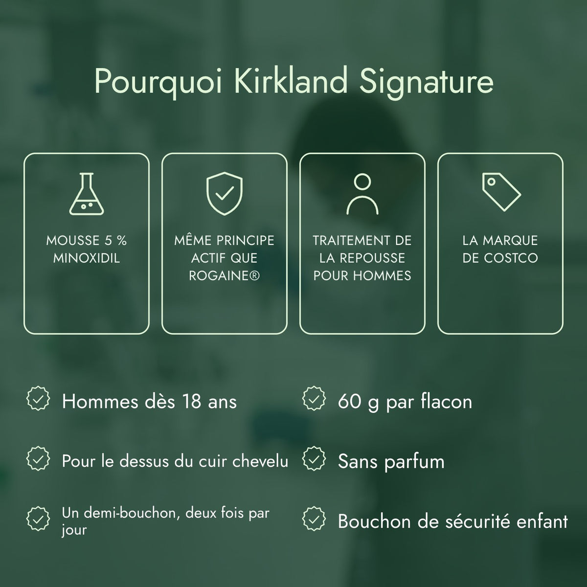 Pourquoi Kirkland Signature: Mousse 5 % minoxidil, Même principe actif que Rogaine®, Traitement de la repousse pour hommes, La marque de Costco