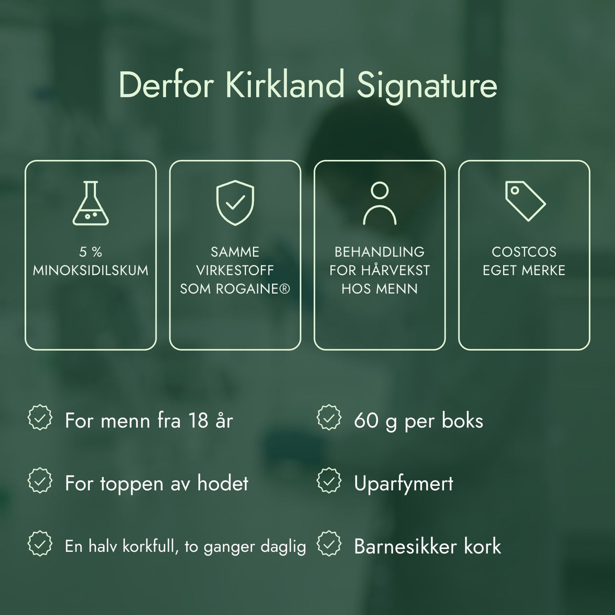 Derfor Kirkland Signature: 5 % minoksidilskum, Samme virkestoff som Rogaine®, Behandling for hårvekst hos menn, Costcos eget merke