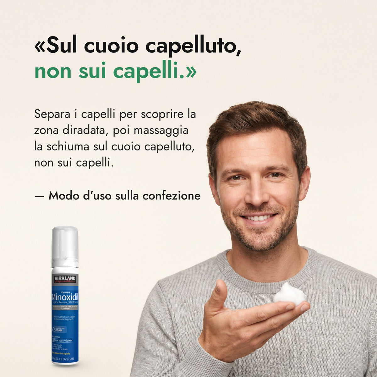 Sul cuoio capelluto, non sui capelli. — Modo d’uso sulla confezione