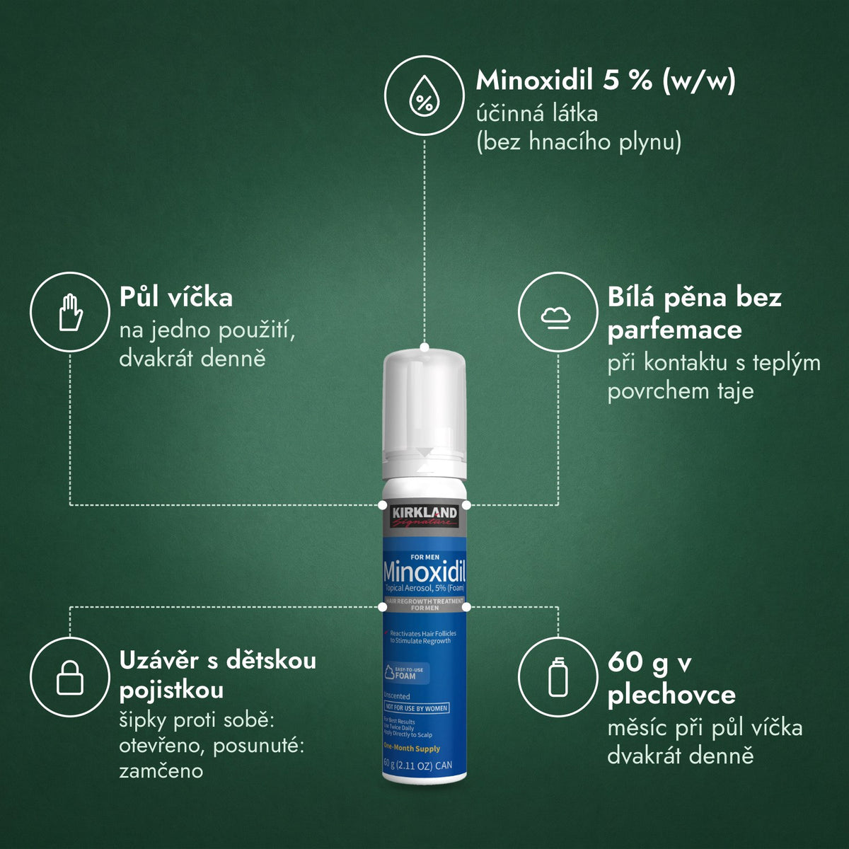 Kirkland Signature Minoxidil pěna 5 %: Minoxidil 5 % (w/w), Půl víčka, Bílá pěna bez parfemace, Uzávěr s dětskou pojistkou, 60 g v plechovce