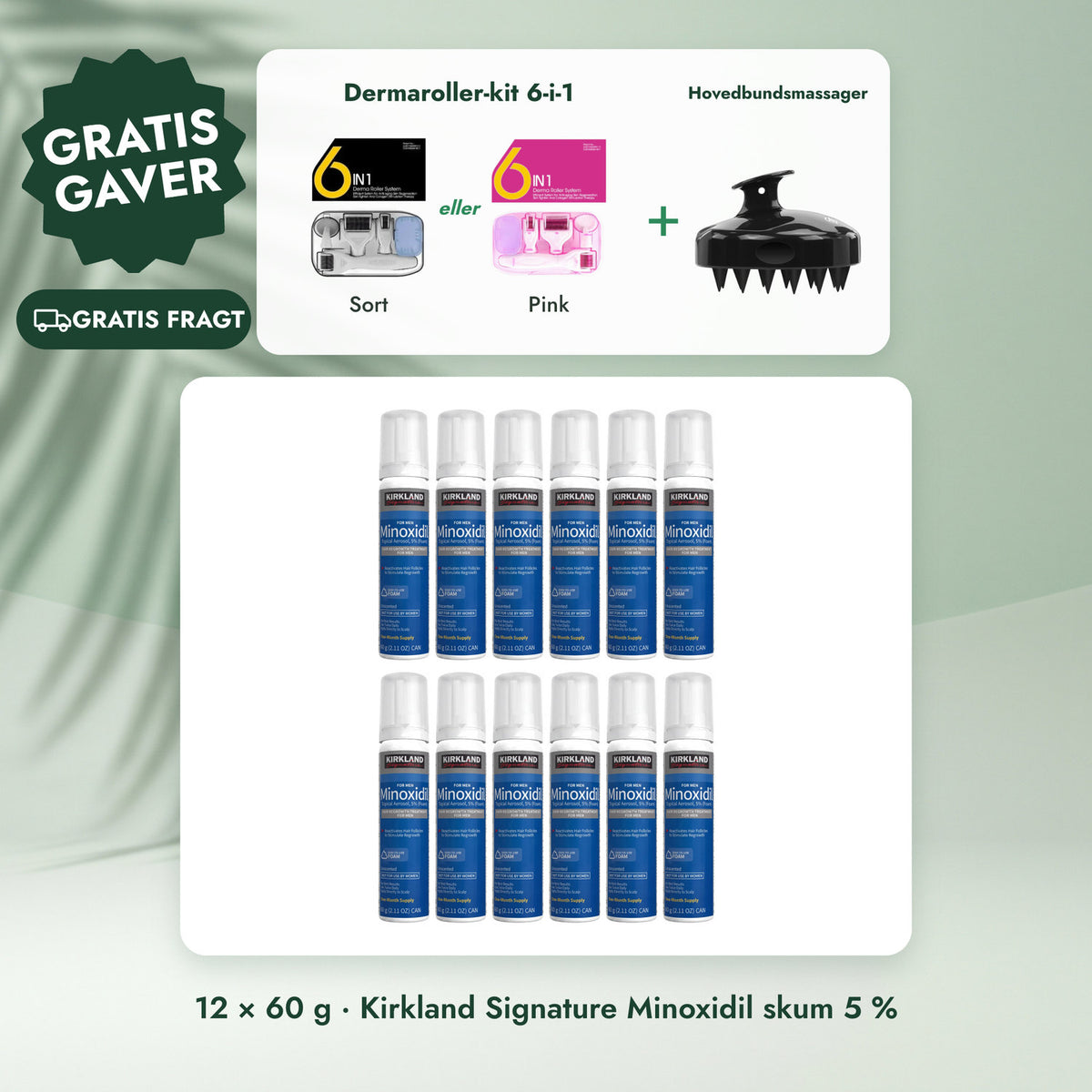 12 × 60 g · Kirkland Signature Minoxidil skum 5 %: Dermaroller-kit 6-i-1, Hovedbundsmassager