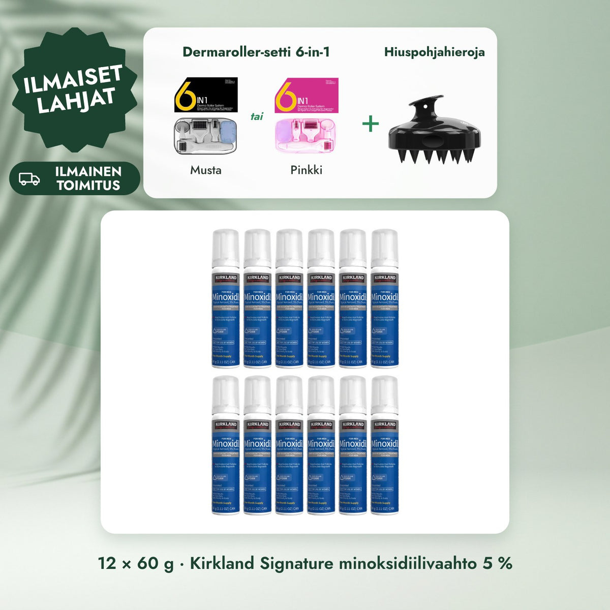 12 × 60 g · Kirkland Signature minoksidiilivaahto 5 %: Dermaroller-setti 6-in-1, Hiuspohjahieroja