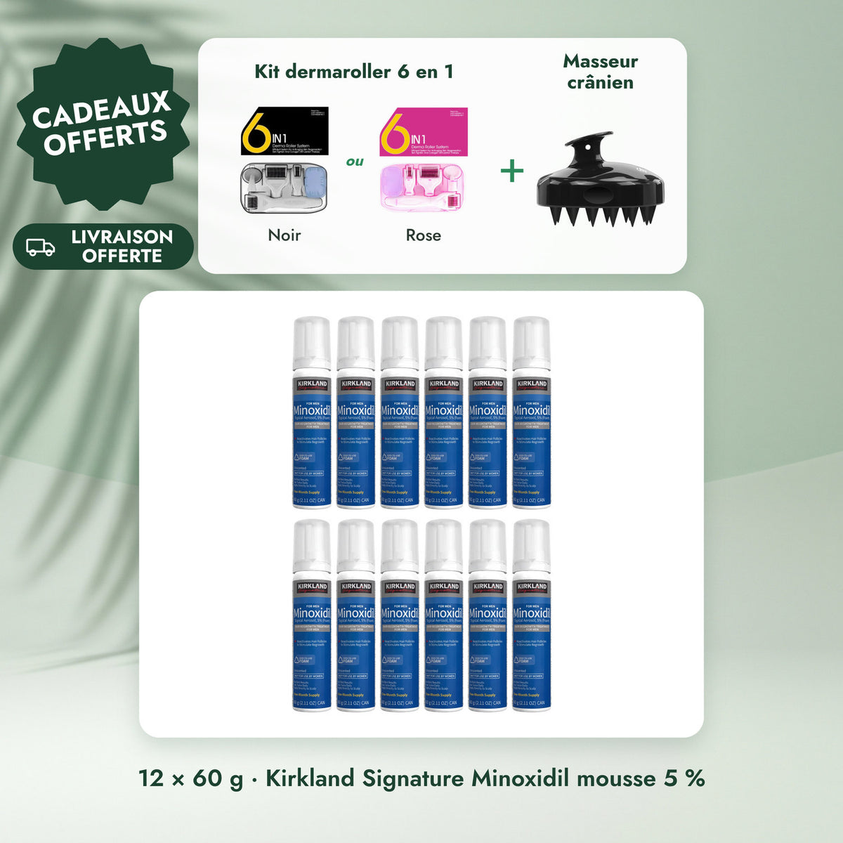 12 × 60 g · Kirkland Signature Minoxidil mousse 5 %: Kit dermaroller 6 en 1, Masseur crânien