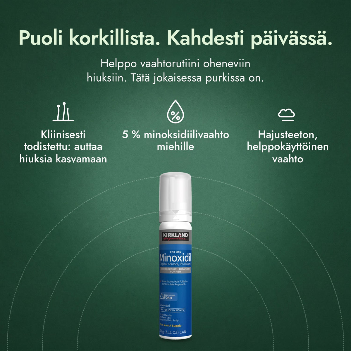 Kirkland Signature minoksidiilivaahto 5 %: Puoli korkillista. Kahdesti päivässä. Kliinisesti todistettu: auttaa hiuksia kasvamaan, 5 % minoksidiilivaahto miehille, Hajusteeton, helppokäyttöinen vaahto