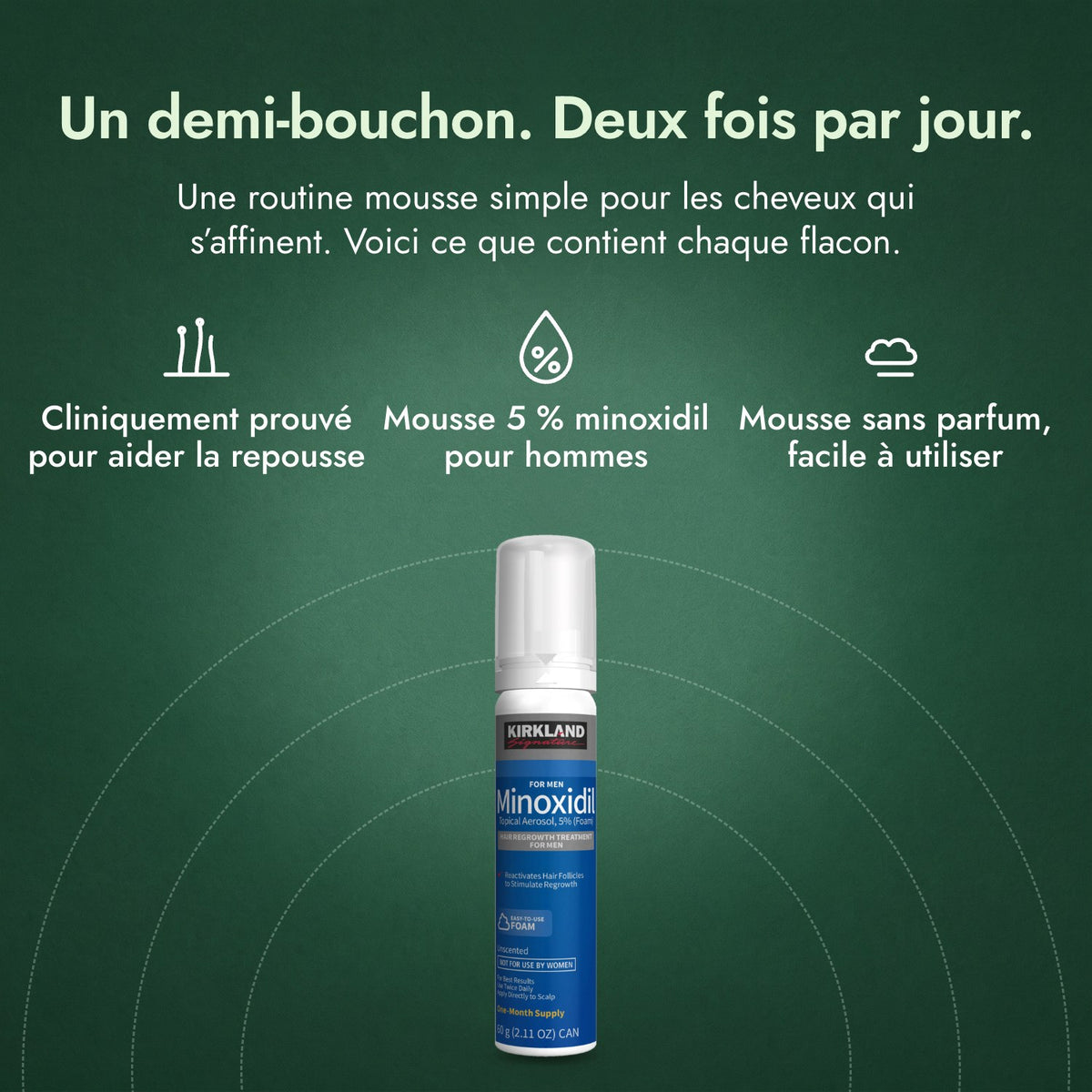 Kirkland Signature Minoxidil mousse 5 %: Un demi-bouchon. Deux fois par jour. Cliniquement prouvé pour aider la repousse, Mousse 5 % minoxidil pour hommes, Mousse sans parfum, facile à utiliser