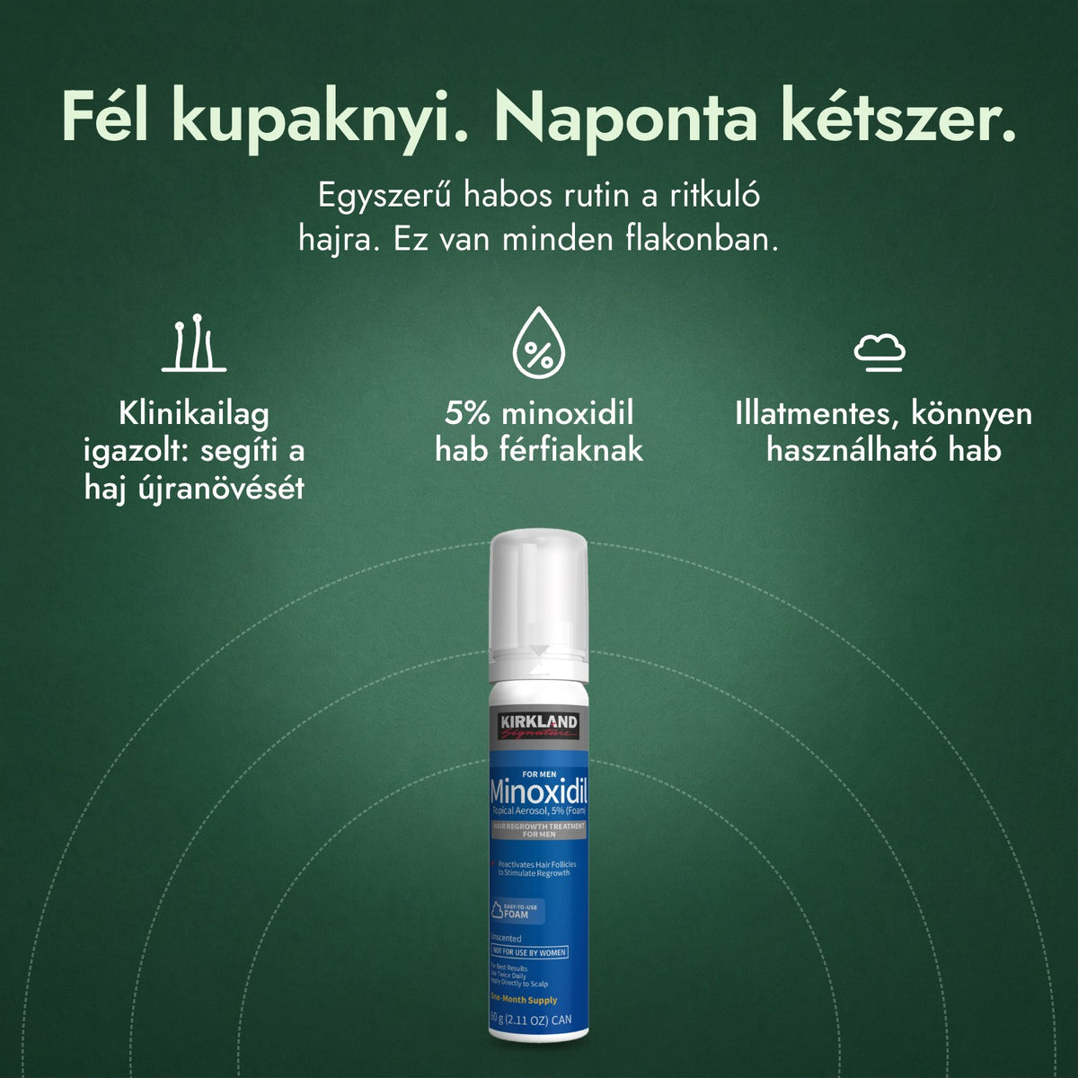 Kirkland Signature Minoxidil hab 5%: Fél kupaknyi. Naponta kétszer. Klinikailag igazolt: segíti a haj újranövését, 5% minoxidil hab férfiaknak, Illatmentes, könnyen használható hab