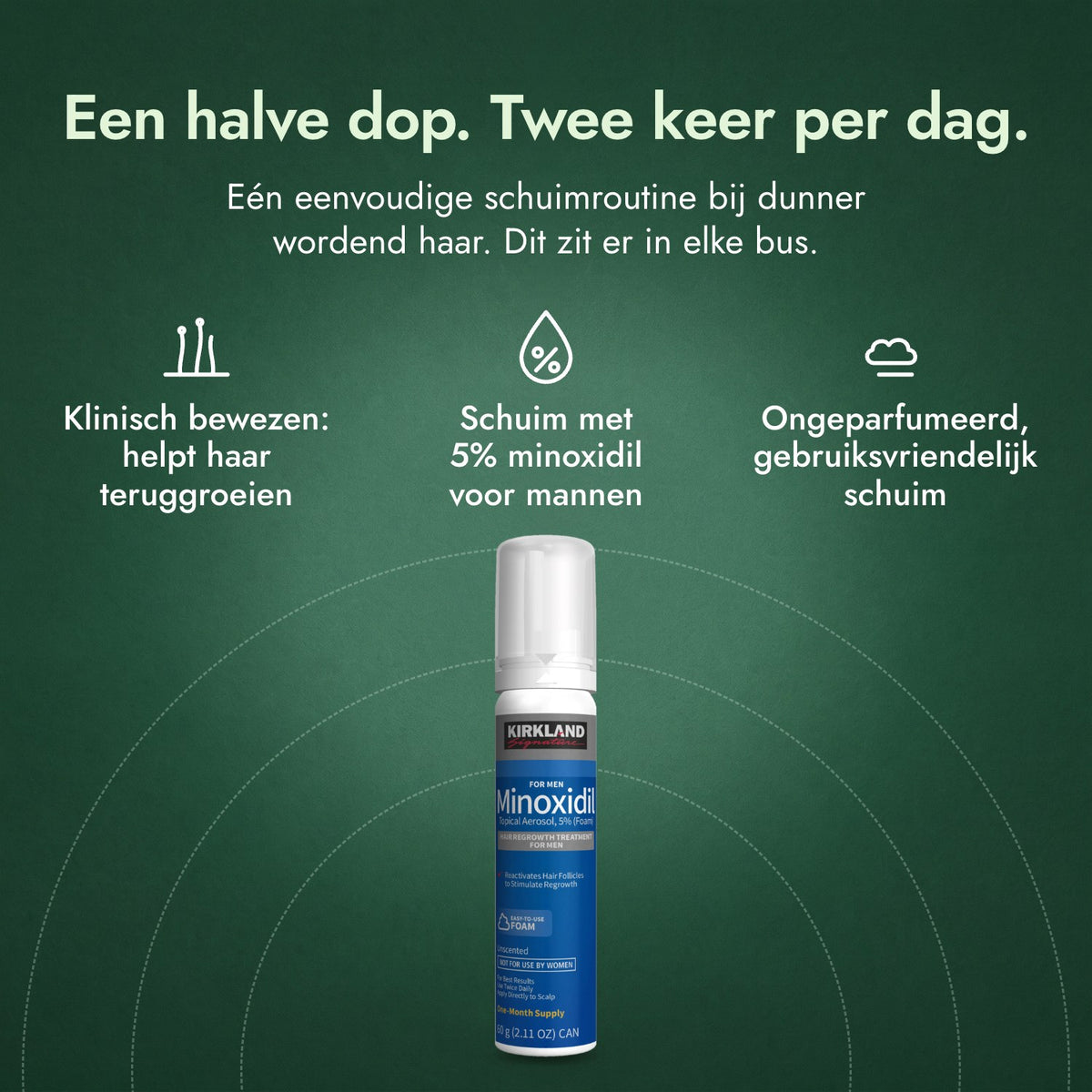 Kirkland Signature Minoxidil schuim 5%: Een halve dop. Twee keer per dag. Klinisch bewezen: helpt haar teruggroeien, Schuim met 5% minoxidil voor mannen, Ongeparfumeerd, gebruiksvriendelijk schuim