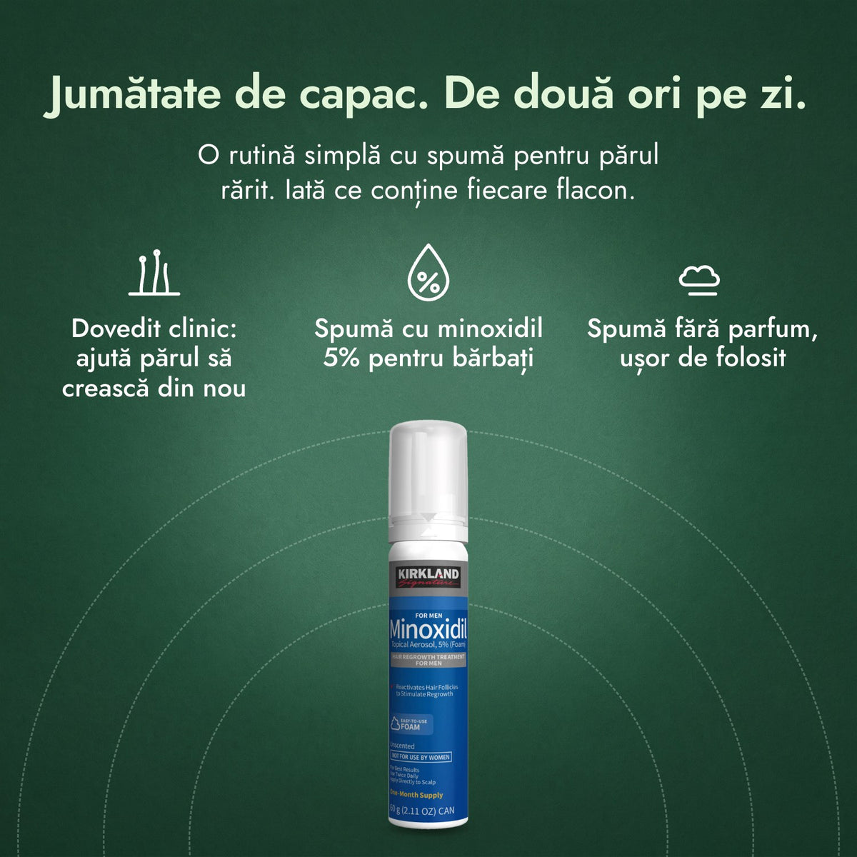 Kirkland Signature spumă cu minoxidil 5%: Jumătate de capac. De două ori pe zi. Dovedit clinic: ajută părul să crească din nou, Spumă cu minoxidil 5% pentru bărbați, Spumă fără parfum, ușor de folosit