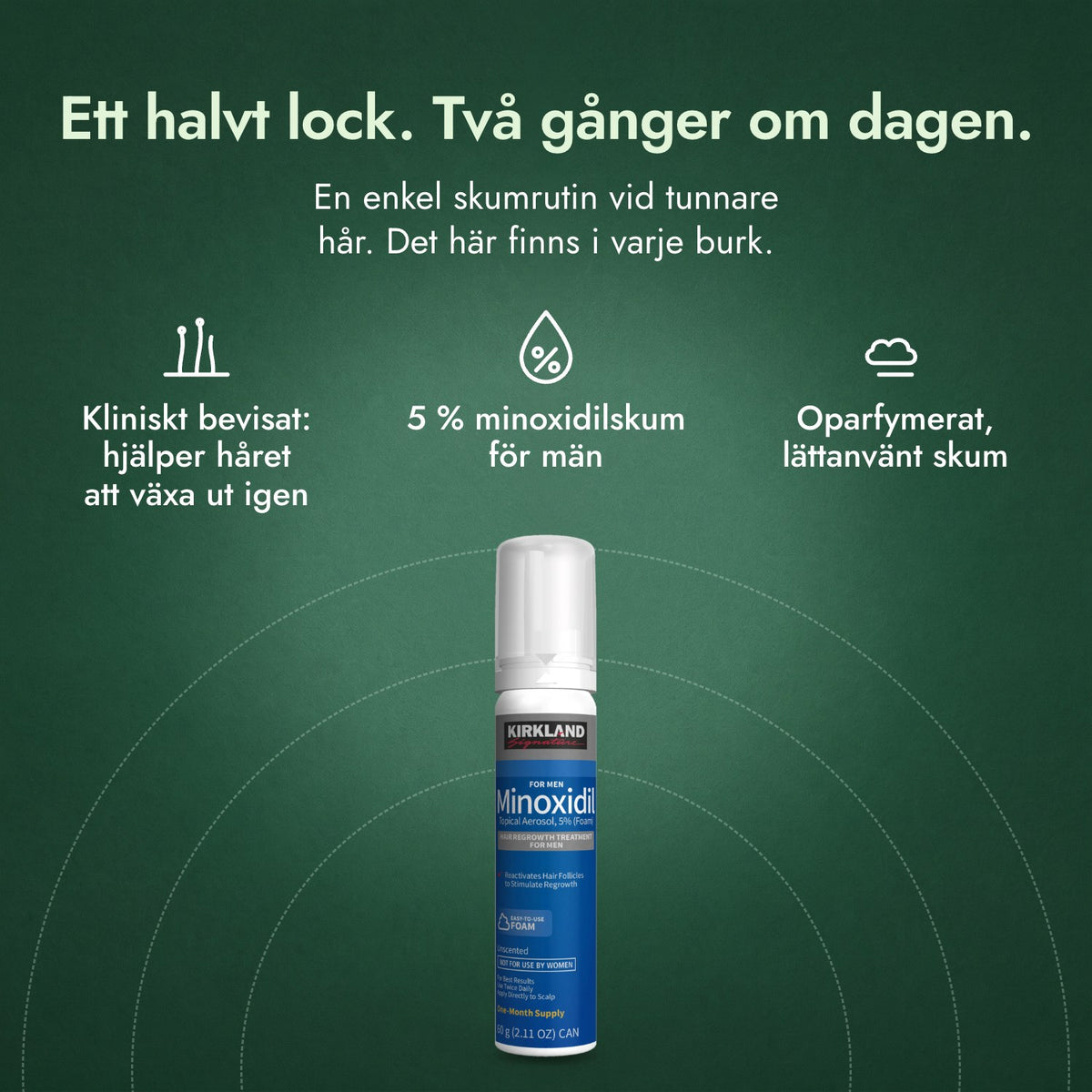 Kirkland Signature Minoxidil skum 5 %: Ett halvt lock. Två gånger om dagen. Kliniskt bevisat: hjälper håret att växa ut igen, 5 % minoxidilskum för män, Oparfymerat, lättanvänt skum