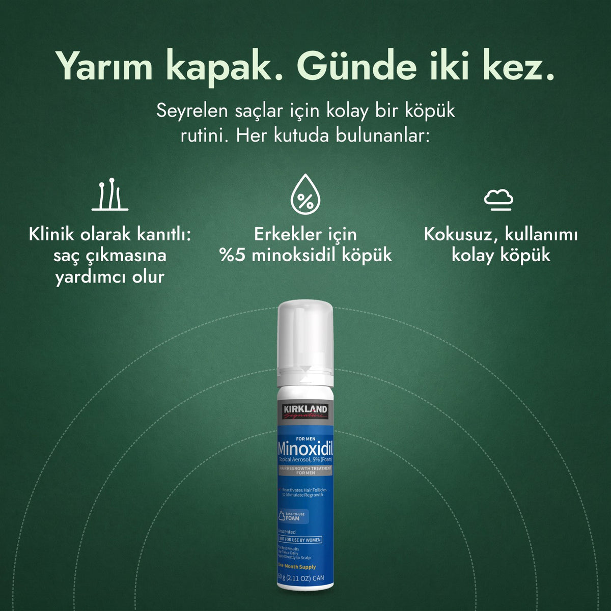 Kirkland Signature %5 Minoksidil Köpük: Yarım kapak. Günde iki kez. Klinik olarak kanıtlı: saç çıkmasına yardımcı olur, Erkekler için %5 minoksidil köpük, Kokusuz, kullanımı kolay köpük