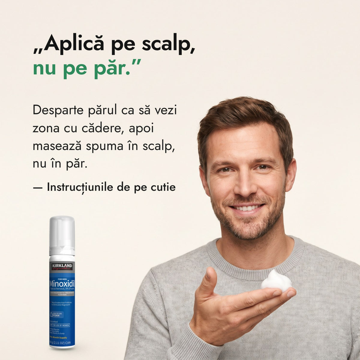 Aplică pe scalp, nu pe păr. — Instrucțiunile de pe cutie
