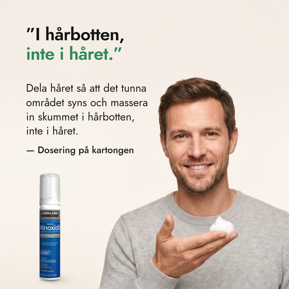 I hårbotten, inte i håret. — Dosering på kartongen
