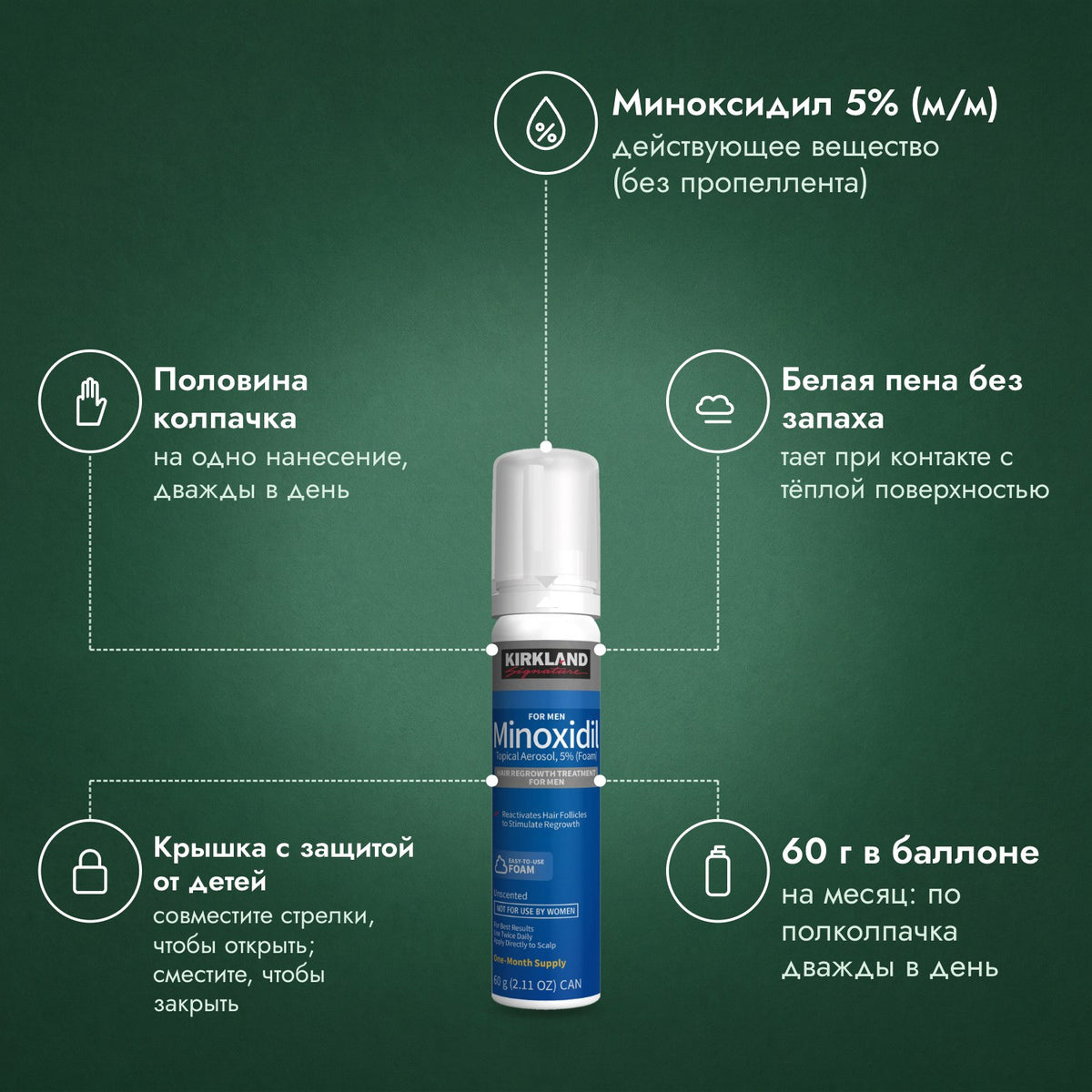 Kirkland Signature, пена миноксидил 5%: Миноксидил 5% (м/м), Половина колпачка, Белая пена без запаха, Крышка с защитой от детей, 60 г в баллоне