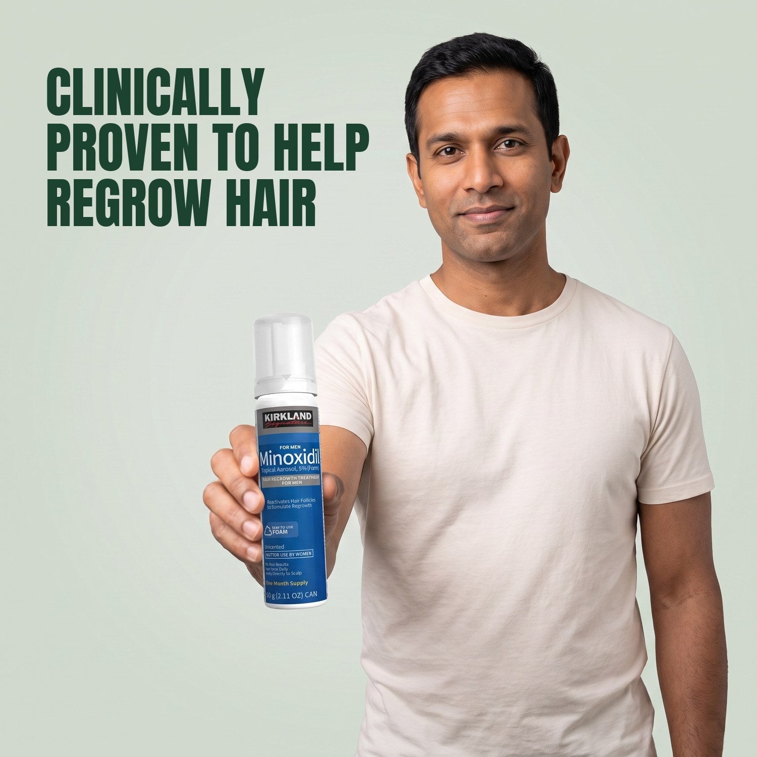 Man holding a Kirkland Signature Minoxidil 5% foam can for men against a green background
