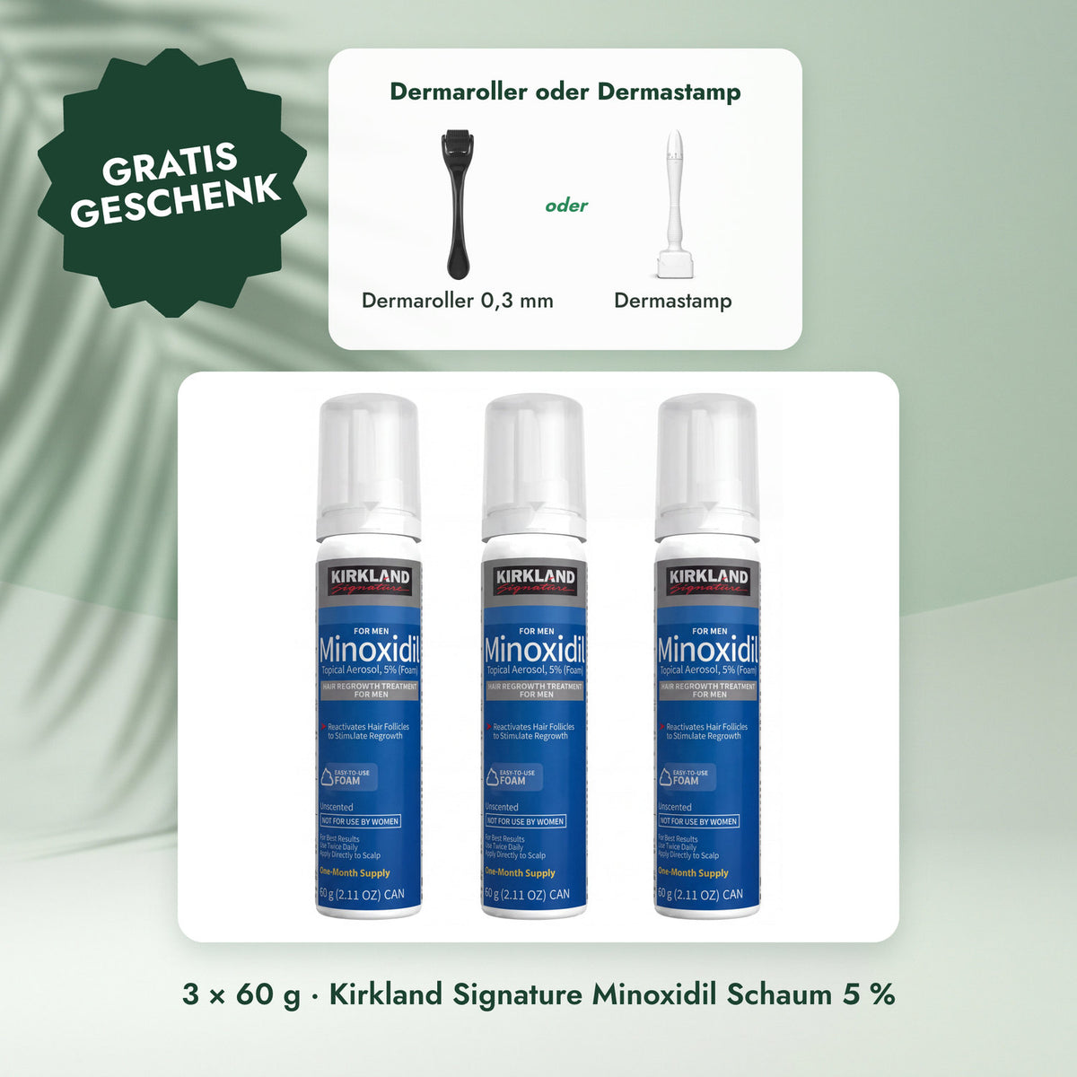 3 × 60 g · Kirkland Signature Minoxidil Schaum 5 %: Dermaroller oder Dermastamp