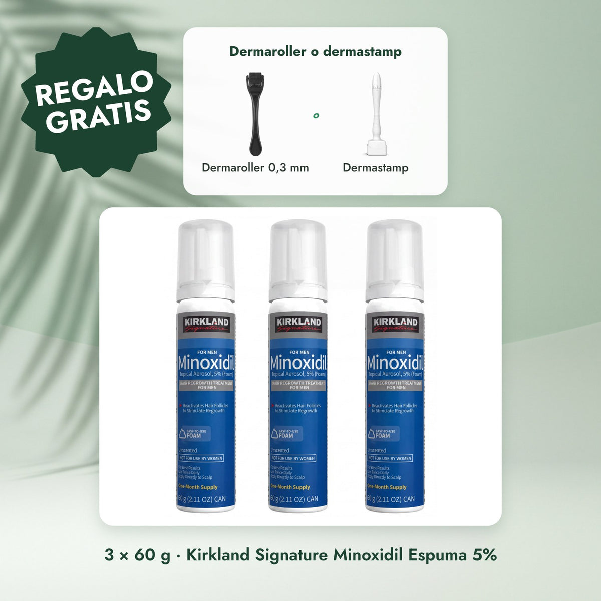 3 × 60 g · Kirkland Signature Minoxidil Espuma 5%: Dermaroller o dermastamp