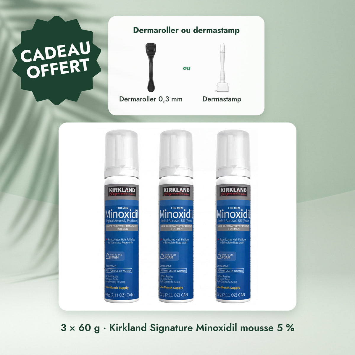 3 × 60 g · Kirkland Signature Minoxidil mousse 5 %: Dermaroller ou dermastamp