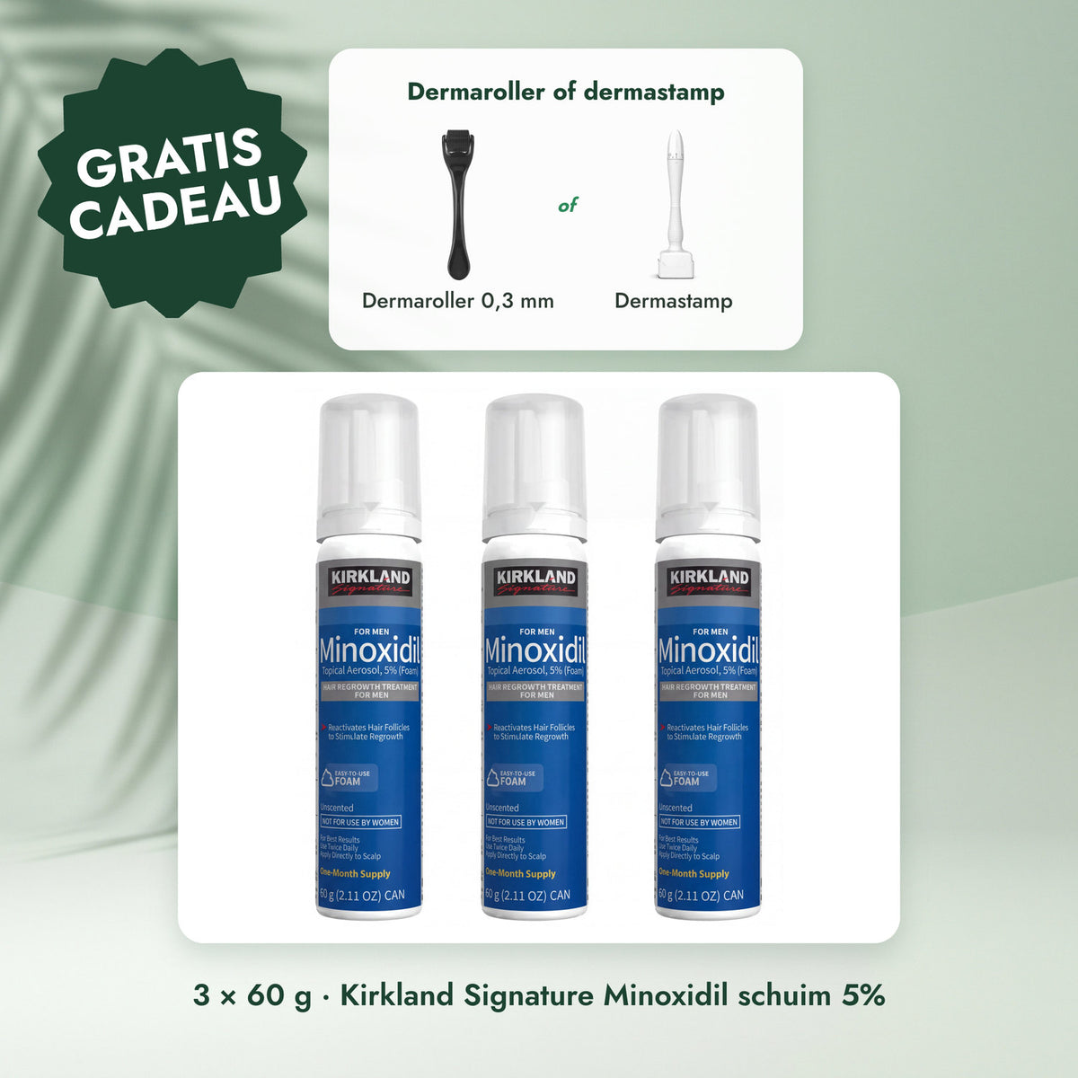 3 × 60 g · Kirkland Signature Minoxidil schuim 5%: Dermaroller of dermastamp
