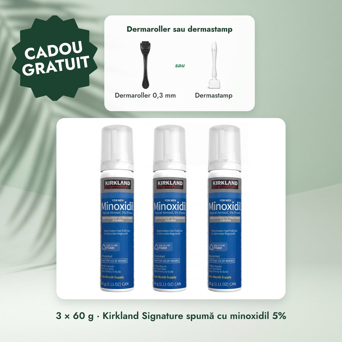 3 × 60 g · Kirkland Signature spumă cu minoxidil 5%: Dermaroller sau dermastamp