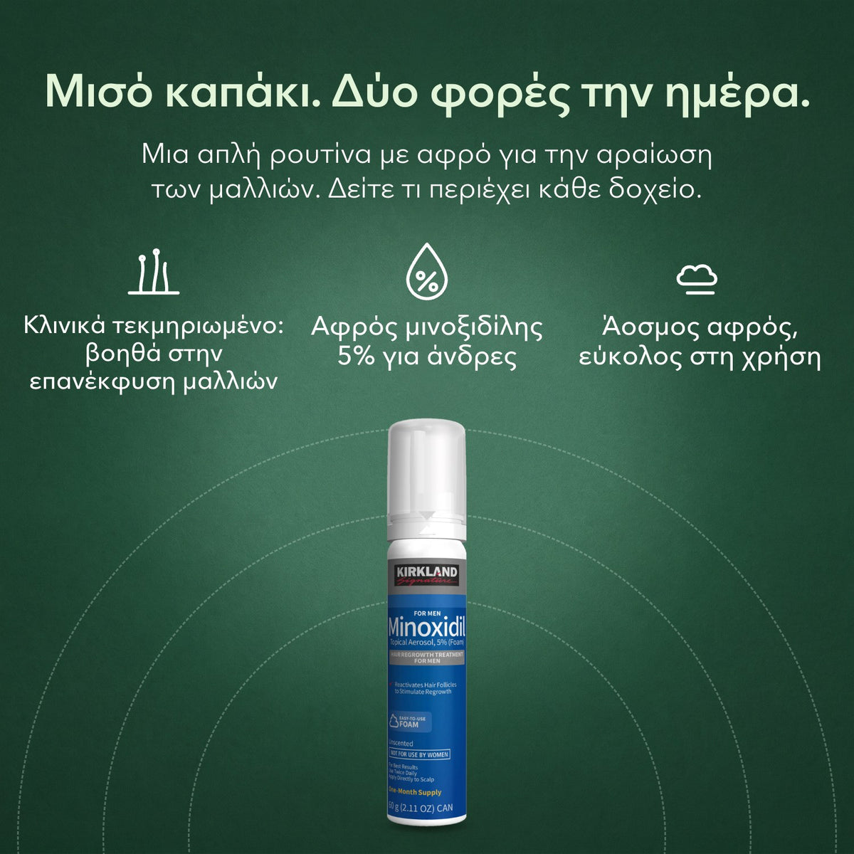 Kirkland Signature αφρός μινοξιδίλης 5%: Μισό καπάκι. Δύο φορές την ημέρα. Κλινικά τεκμηριωμένο: βοηθά στην επανέκφυση μαλλιών, Αφρός μινοξιδίλης 5% για άνδρες, Άοσμος αφρός, εύκολος στη χρήση
