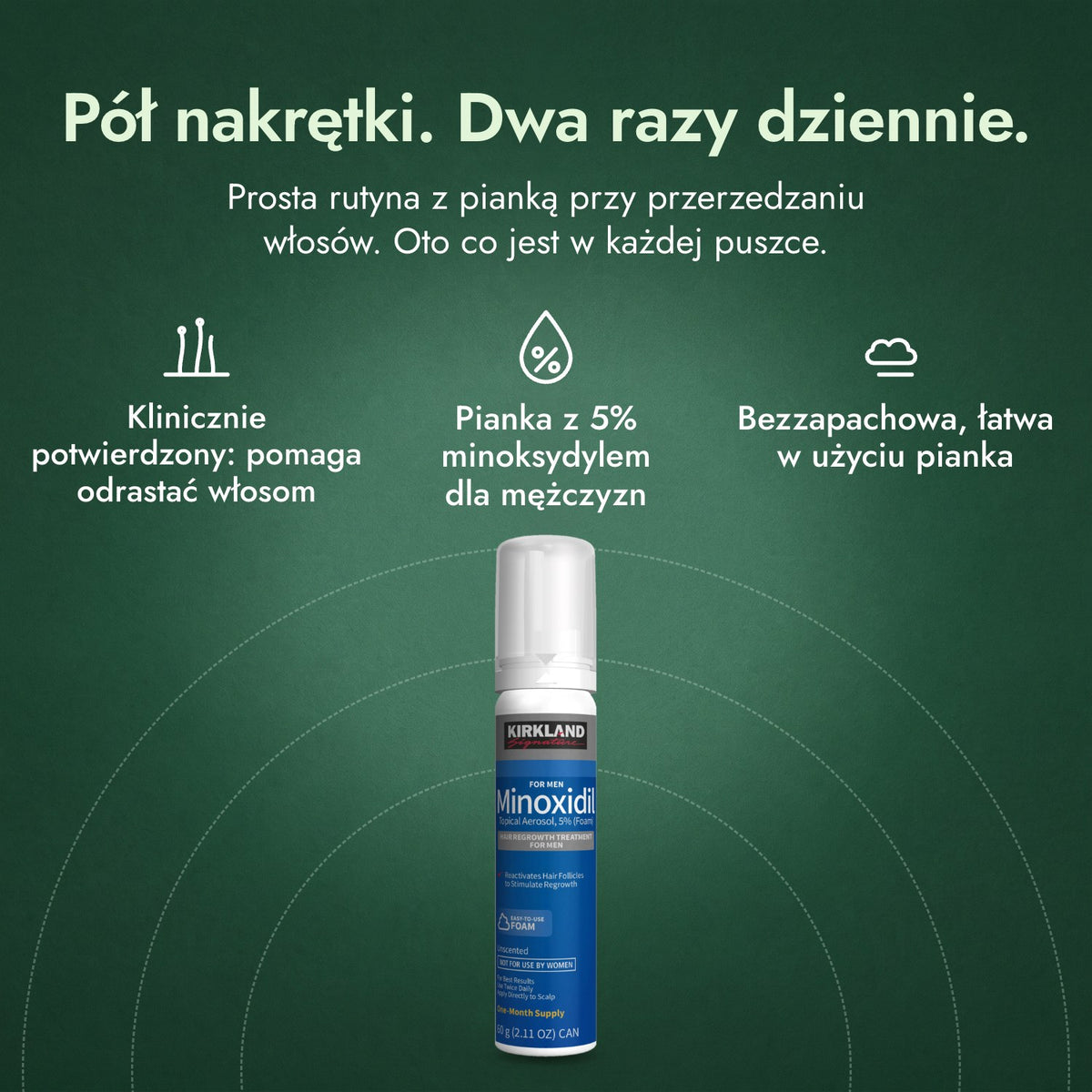 Kirkland Signature pianka z minoksydylem 5%: Pół nakrętki. Dwa razy dziennie. Klinicznie potwierdzony: pomaga odrastać włosom, Pianka z 5% minoksydylem dla mężczyzn, Bezzapachowa, łatwa w użyciu pianka