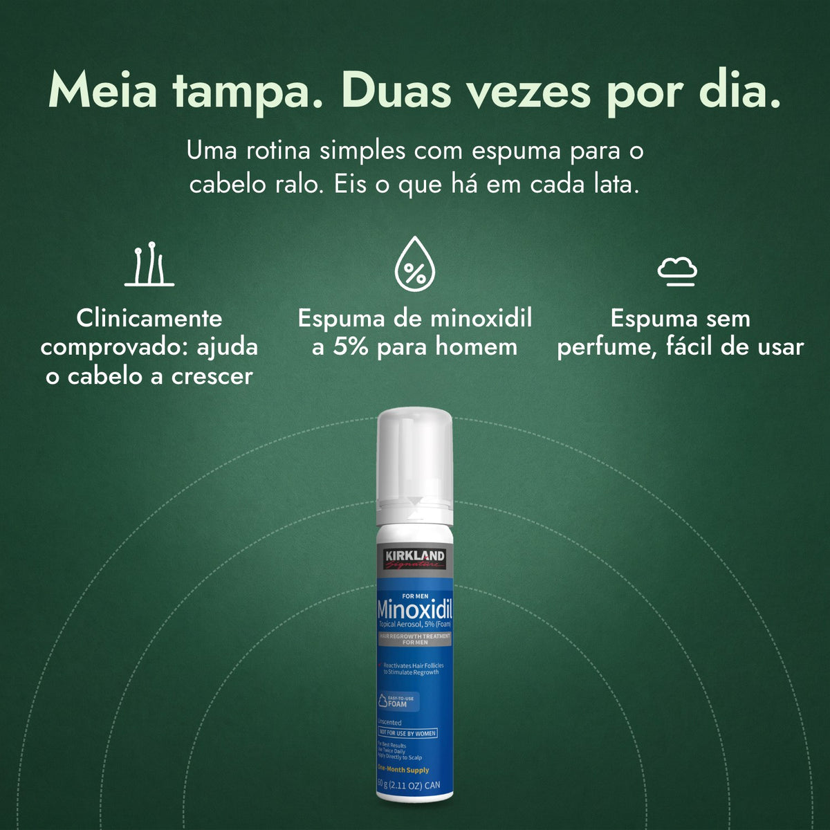 Kirkland Signature Minoxidil Espuma 5%: Meia tampa. Duas vezes por dia. Clinicamente comprovado: ajuda o cabelo a crescer, Espuma de minoxidil a 5% para homem, Espuma sem perfume, fácil de usar