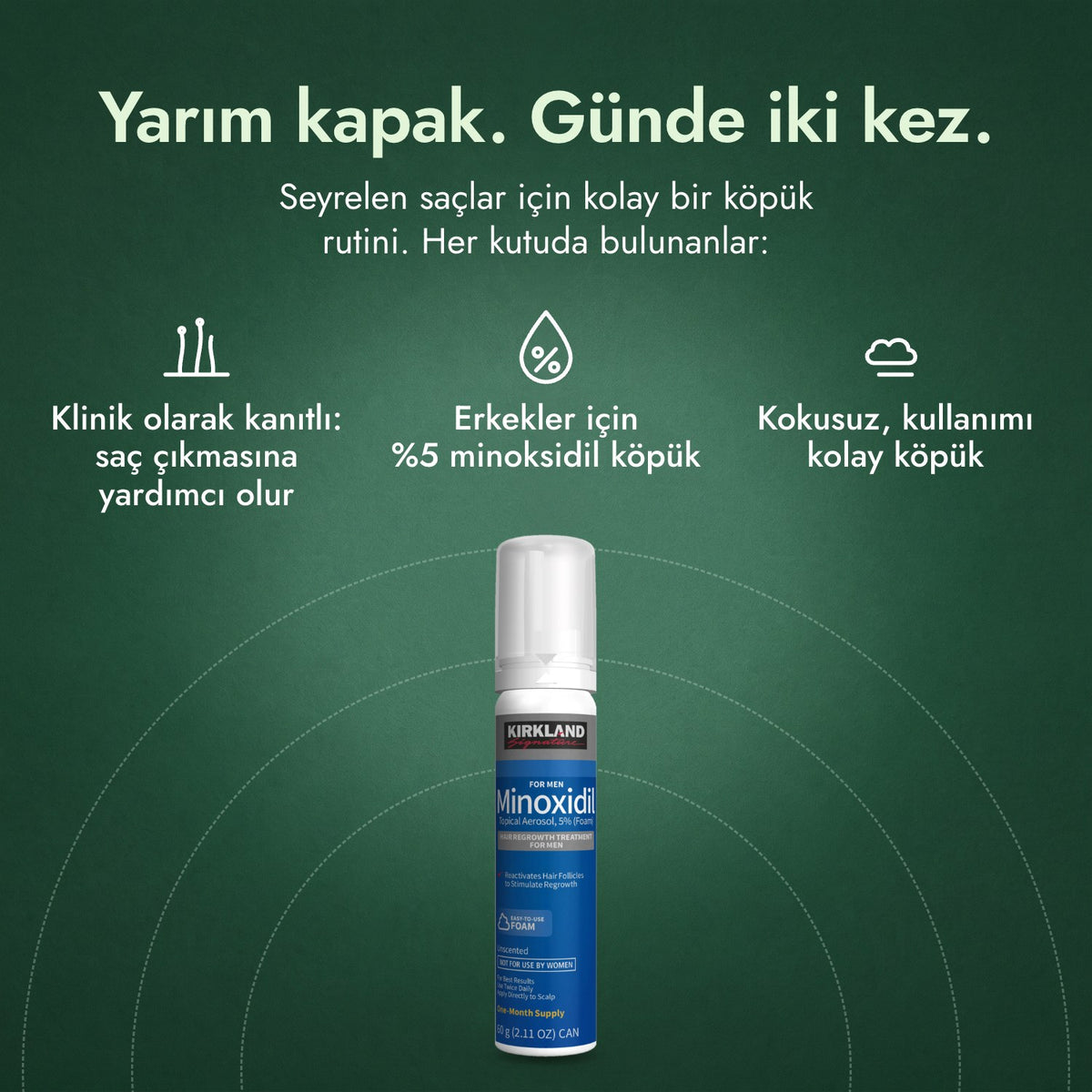 Kirkland Signature %5 Minoksidil Köpük: Yarım kapak. Günde iki kez. Klinik olarak kanıtlı: saç çıkmasına yardımcı olur, Erkekler için %5 minoksidil köpük, Kokusuz, kullanımı kolay köpük