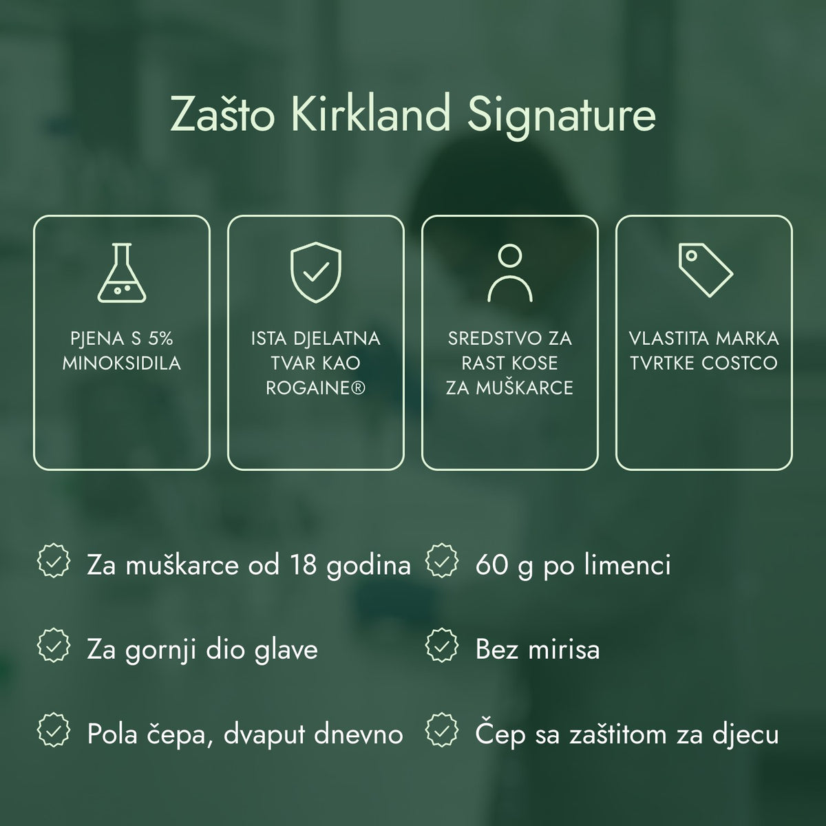 Zašto Kirkland Signature: Pjena s 5% minoksidila, Ista djelatna tvar kao Rogaine®, Sredstvo za rast kose za muškarce, Vlastita marka tvrtke Costco