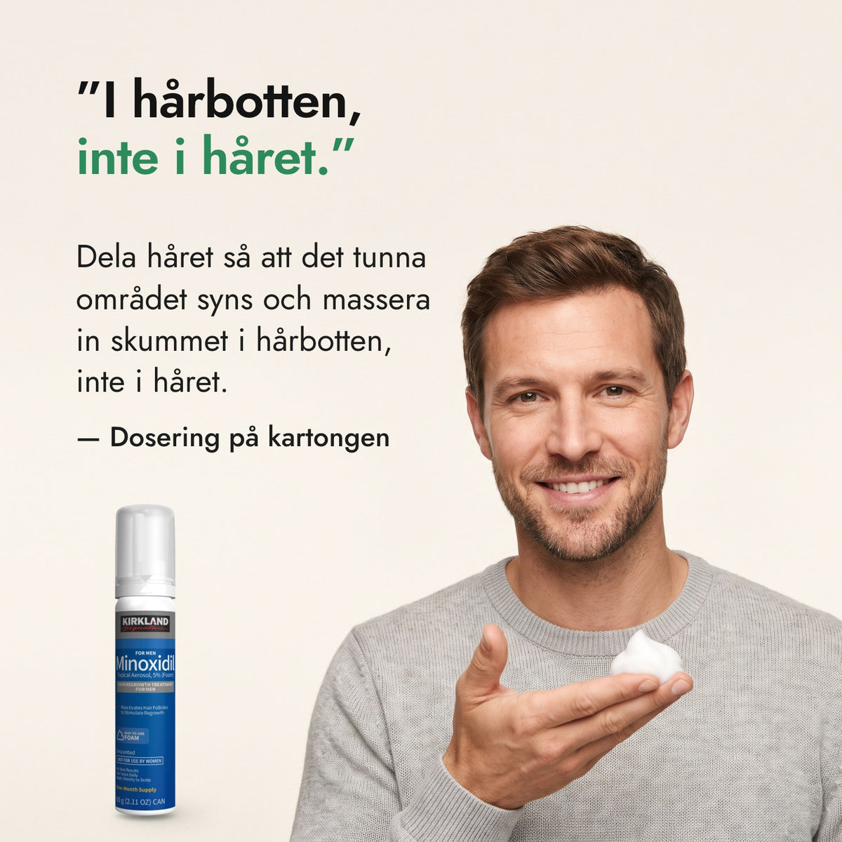 I hårbotten, inte i håret. — Dosering på kartongen