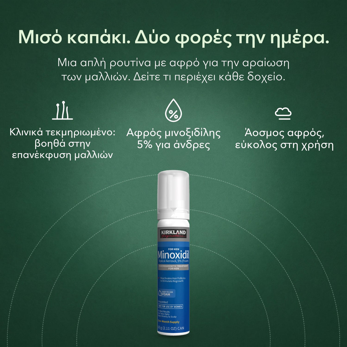 Kirkland Signature αφρός μινοξιδίλης 5%: Μισό καπάκι. Δύο φορές την ημέρα. Κλινικά τεκμηριωμένο: βοηθά στην επανέκφυση μαλλιών, Αφρός μινοξιδίλης 5% για άνδρες, Άοσμος αφρός, εύκολος στη χρήση