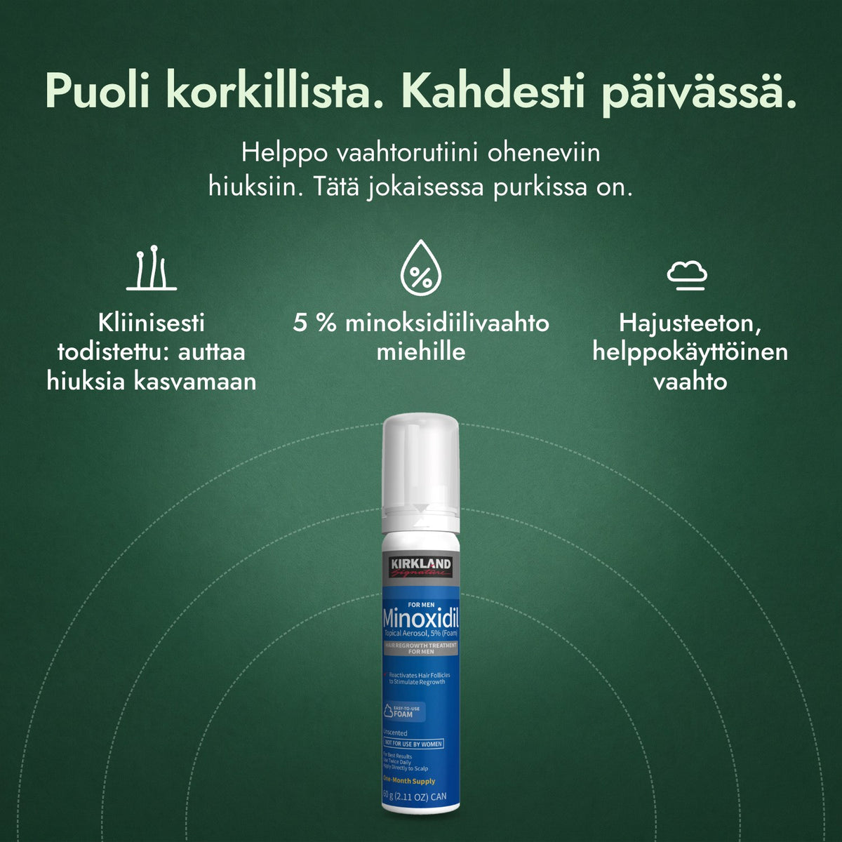 Kirkland Signature minoksidiilivaahto 5 %: Puoli korkillista. Kahdesti päivässä. Kliinisesti todistettu: auttaa hiuksia kasvamaan, 5 % minoksidiilivaahto miehille, Hajusteeton, helppokäyttöinen vaahto