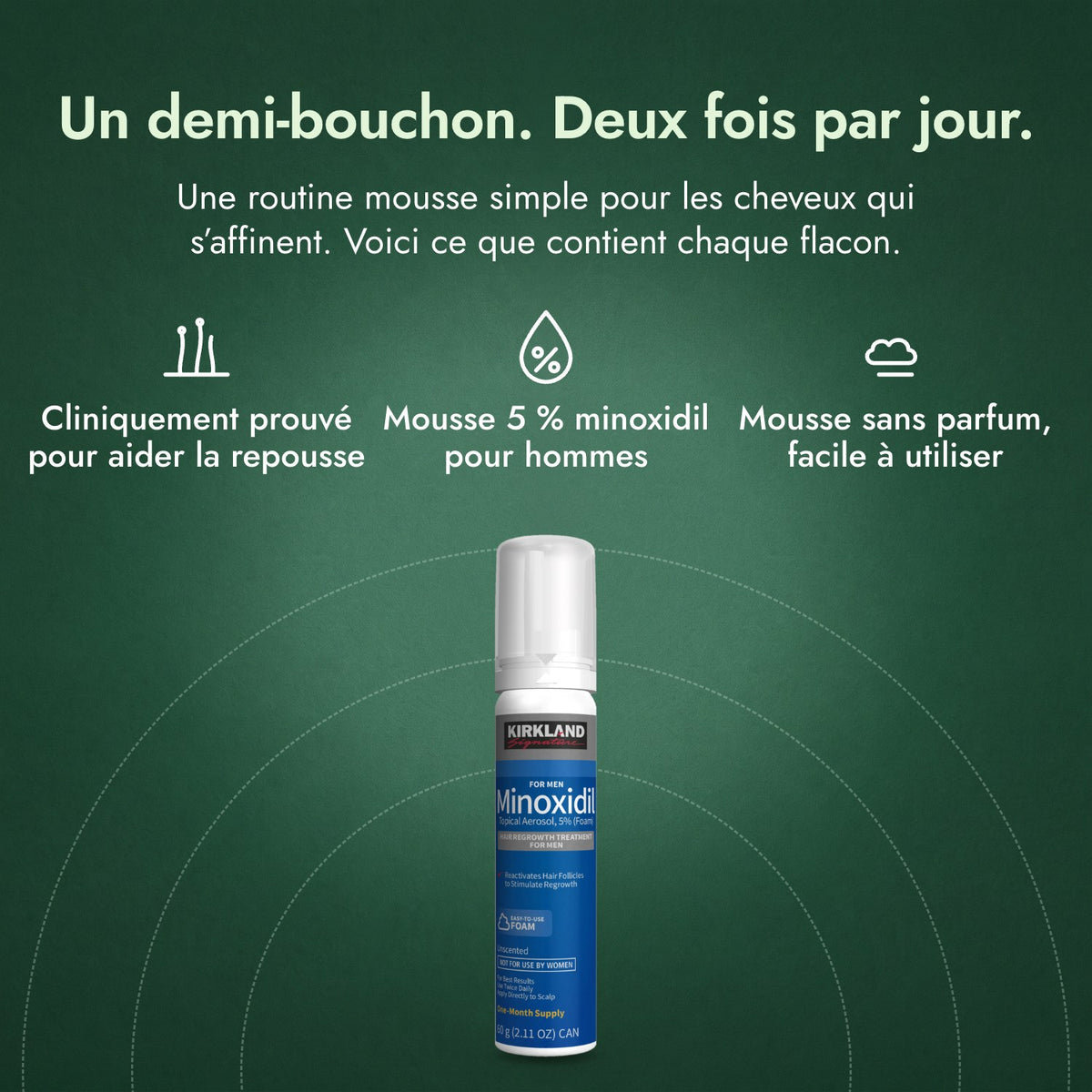Kirkland Signature Minoxidil mousse 5 %: Un demi-bouchon. Deux fois par jour. Cliniquement prouvé pour aider la repousse, Mousse 5 % minoxidil pour hommes, Mousse sans parfum, facile à utiliser