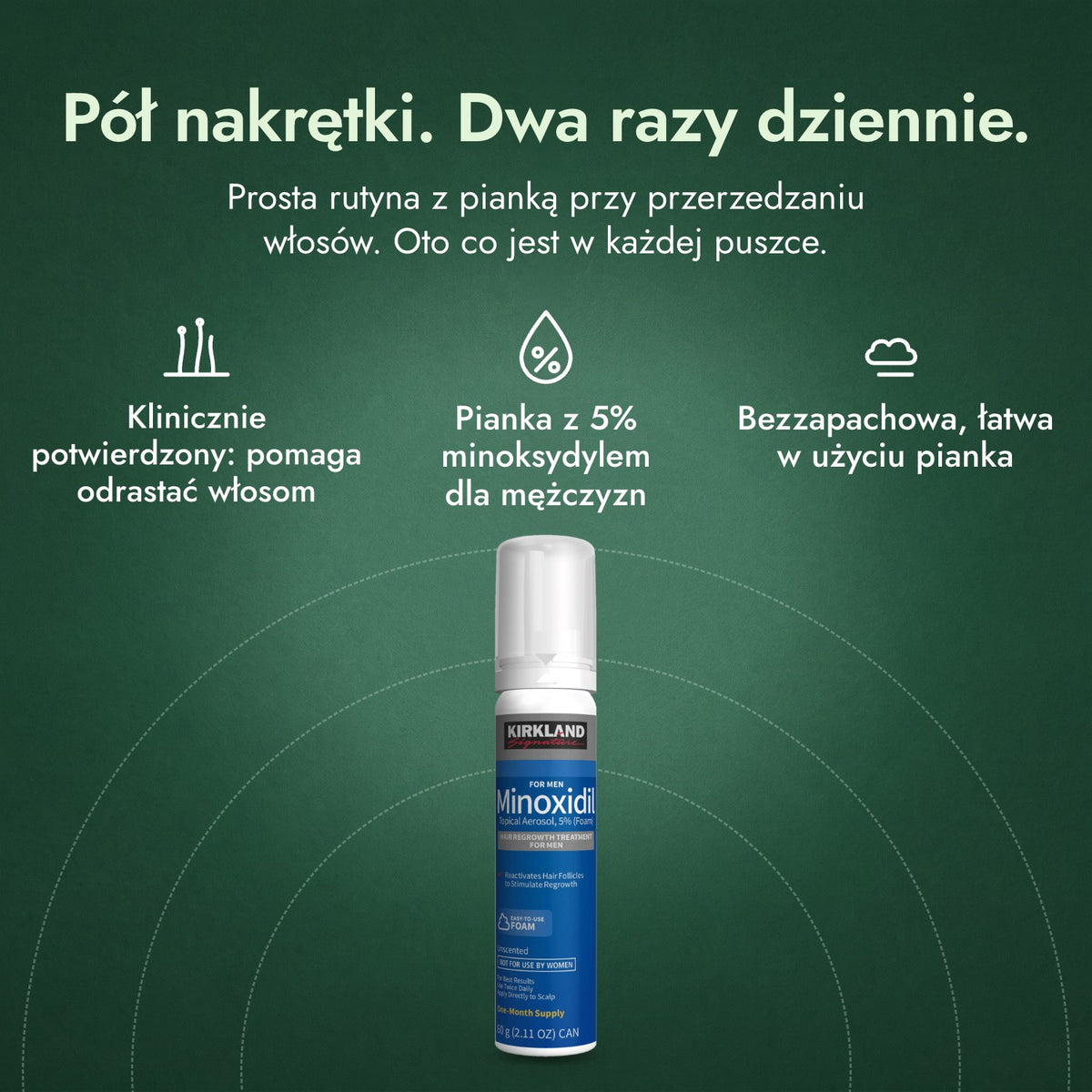 Kirkland Signature pianka z minoksydylem 5%: Pół nakrętki. Dwa razy dziennie. Klinicznie potwierdzony: pomaga odrastać włosom, Pianka z 5% minoksydylem dla mężczyzn, Bezzapachowa, łatwa w użyciu pianka