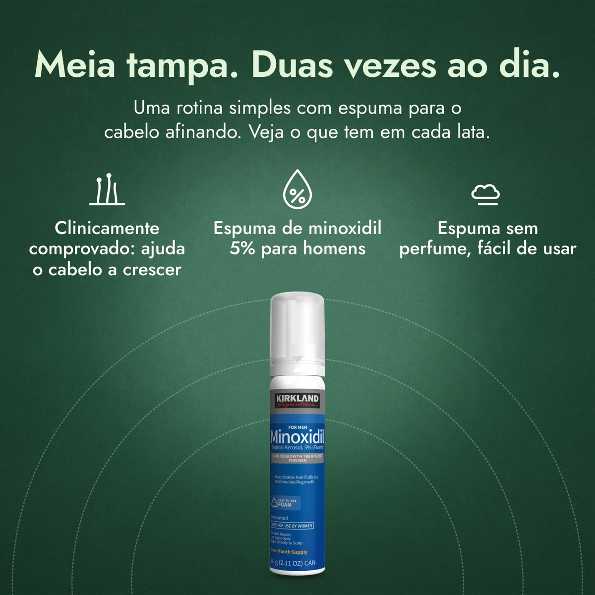 Kirkland Signature Minoxidil Espuma 5%: Meia tampa. Duas vezes ao dia. Clinicamente comprovado: ajuda o cabelo a crescer, Espuma de minoxidil 5% para homens, Espuma sem perfume, fácil de usar