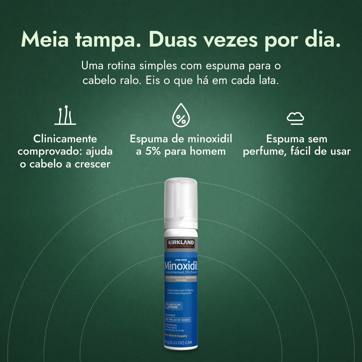 Kirkland Signature Minoxidil Espuma 5%: Meia tampa. Duas vezes por dia. Clinicamente comprovado: ajuda o cabelo a crescer, Espuma de minoxidil a 5% para homem, Espuma sem perfume, fácil de usar