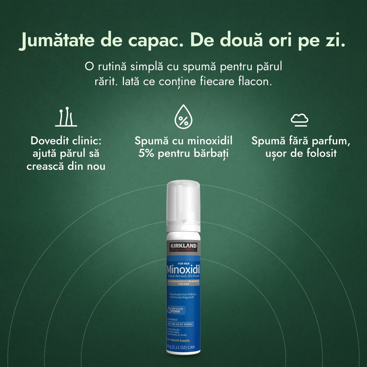 Kirkland Signature spumă cu minoxidil 5%: Jumătate de capac. De două ori pe zi. Dovedit clinic: ajută părul să crească din nou, Spumă cu minoxidil 5% pentru bărbați, Spumă fără parfum, ușor de folosit